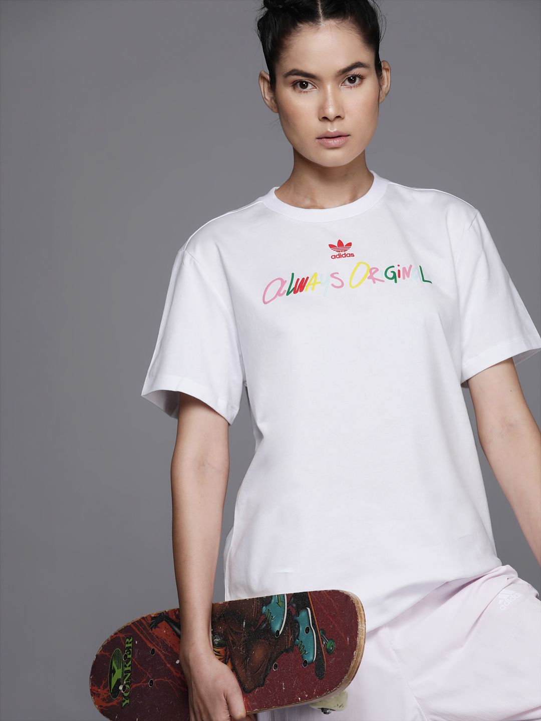 ADIDAS Originals Women White Brand Logo Printed Pure Cotton T-shirt Price in India