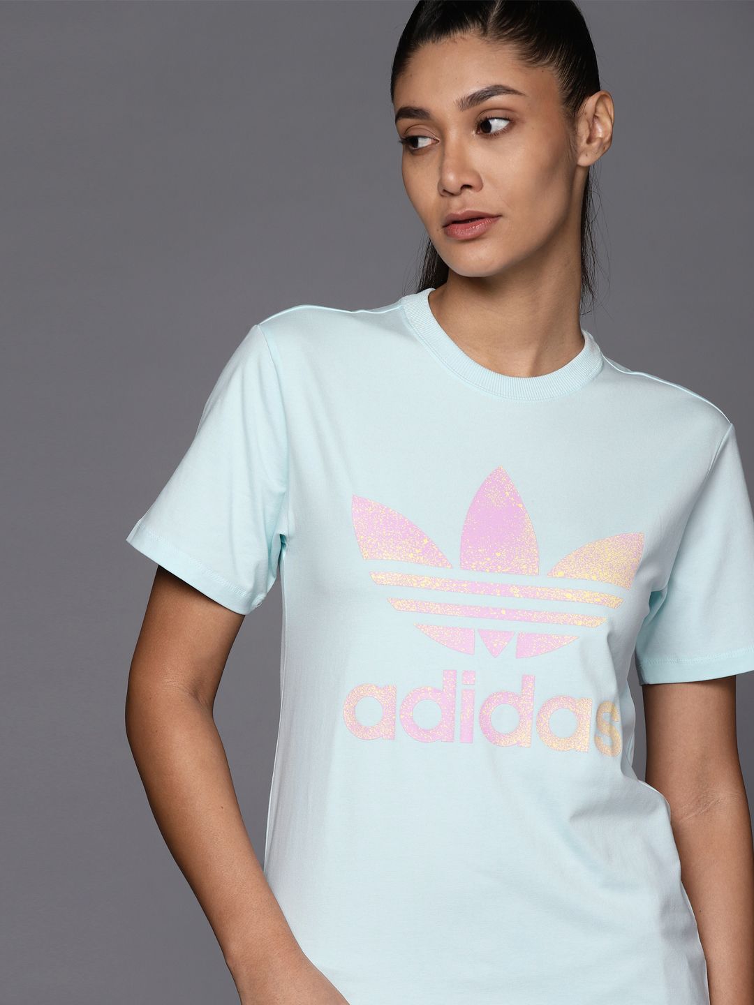 ADIDAS Originals Women Blue Trefoil Brand Logo Printed T-shirt Price in India