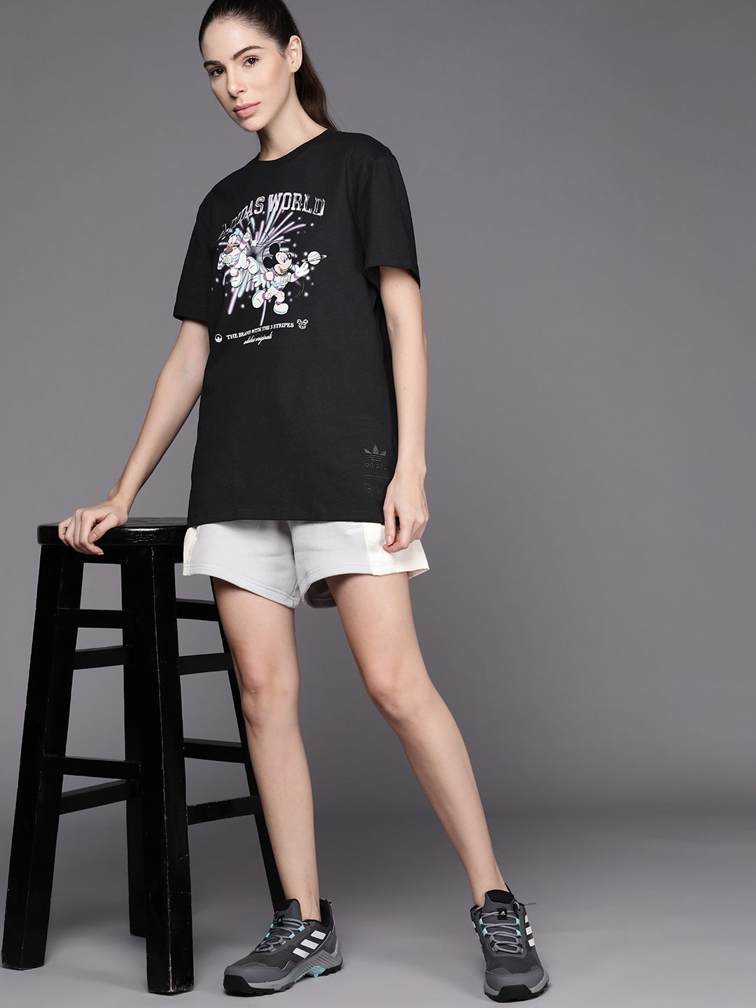 ADIDAS Originals Women Black & Purple Pure Cotton Disney Graphic Printed T-shirt Price in India