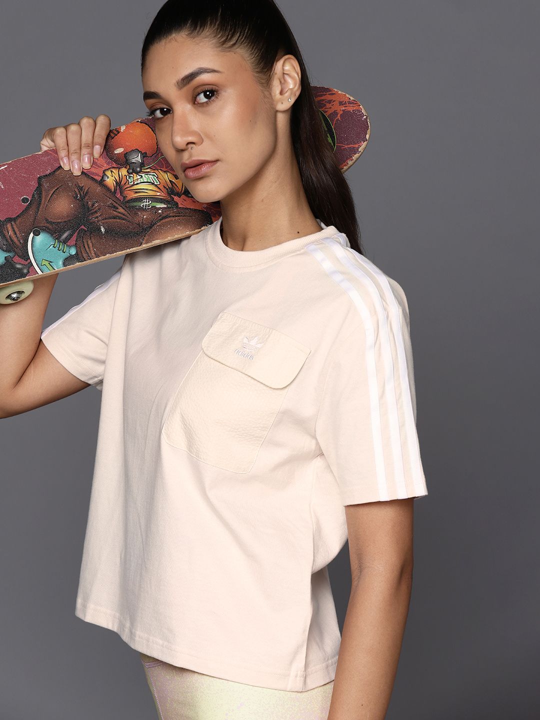 ADIDAS Originals Women Cream-Coloured Pure Cotton Poplin Back T-Shirt Price in India