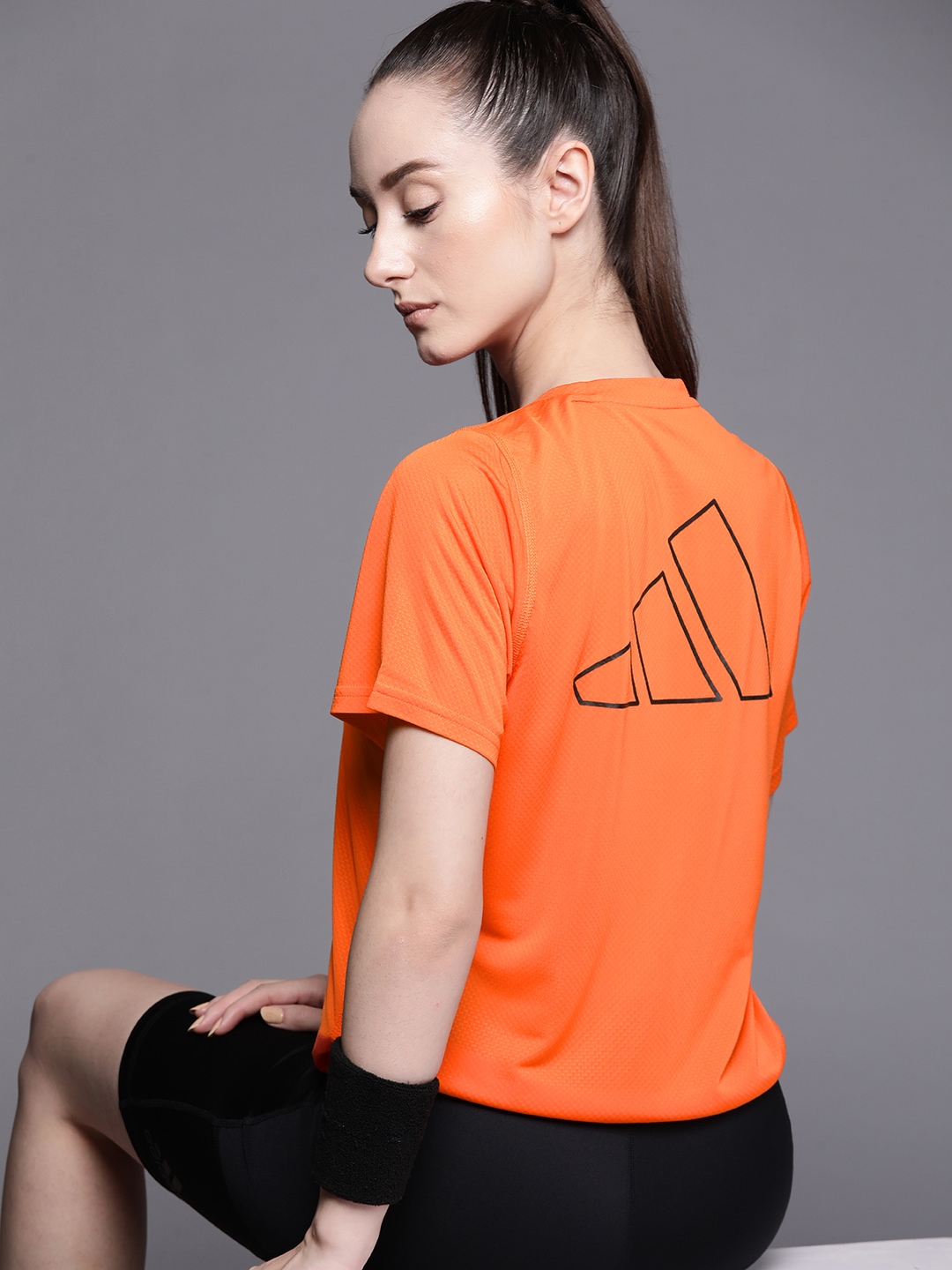 ADIDAS Women Orange Run Icon 3 Bar Printed T-shirt Price in India