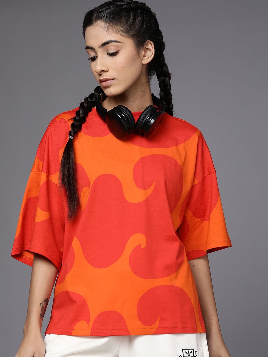 ADIDAS Women Orange & Red Printed Marimekko Pure Cotton T-shirt Price in India
