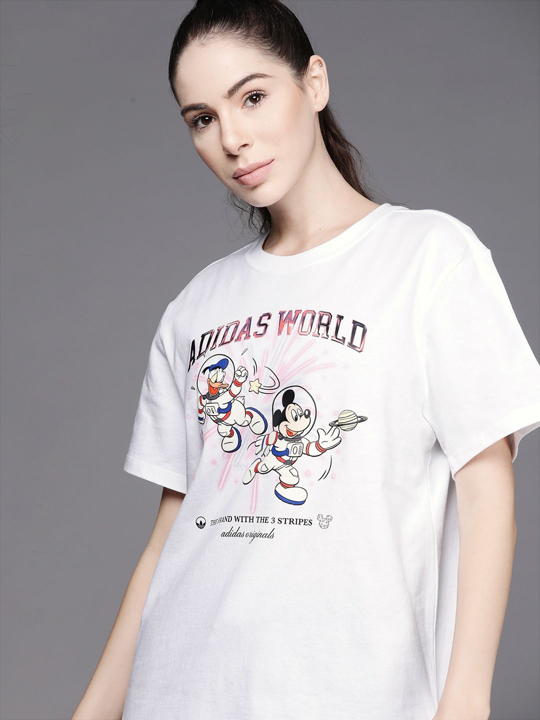 ADIDAS Originals Women White & Red Pure Cotton Disney Graphic Printed T-shirt Price in India