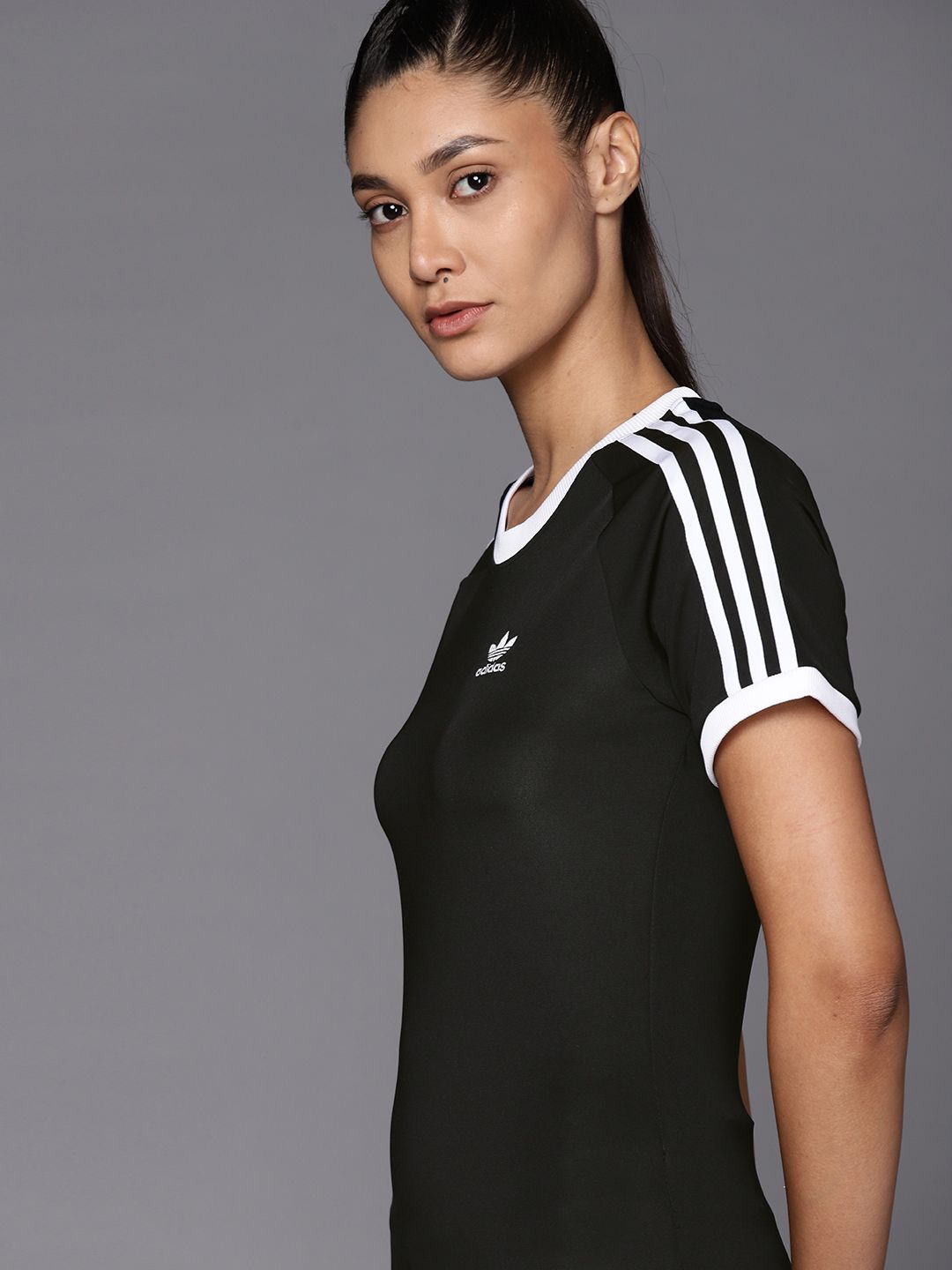 ADIDAS Originals Women Black Slim 3 STR Solid T-shirt Price in India