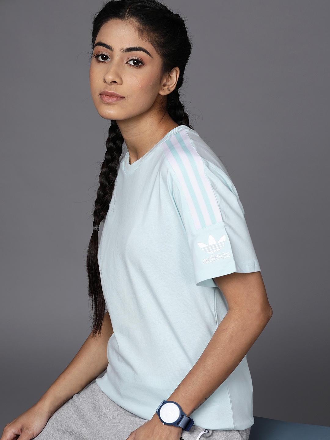 ADIDAS Originals Women Blue Adicolor Classics Drop-Shoulder Sleeves Pure Cotton T-shirt Price in India
