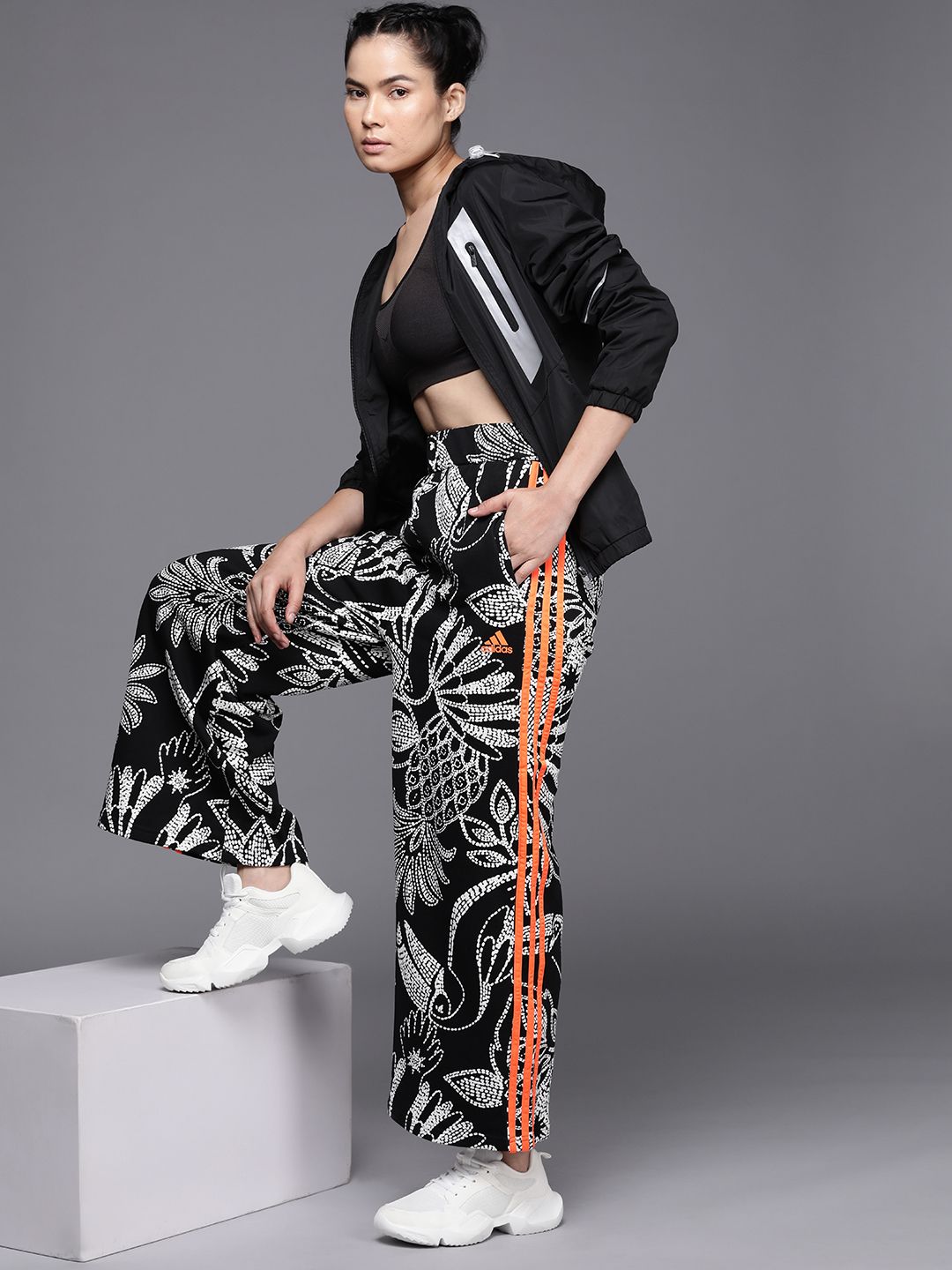 ADIDAS Women Black & White Abstract Printed Farm Rio Wide Leg Track Pants Price in India