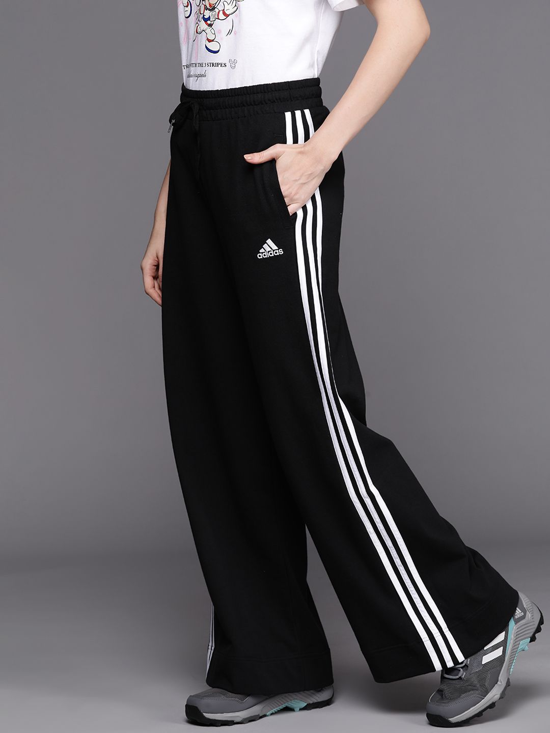 ADIDAS Women Black Pure Cotton Solid 3 STRIPES FT WIDE PT Track Pant Price in India