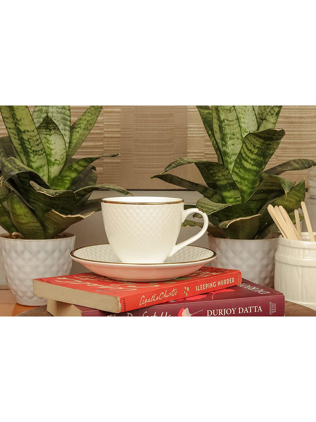 Femora White Set of 6 Textured Ceramic Glossy Cups and Saucers Set Price in India