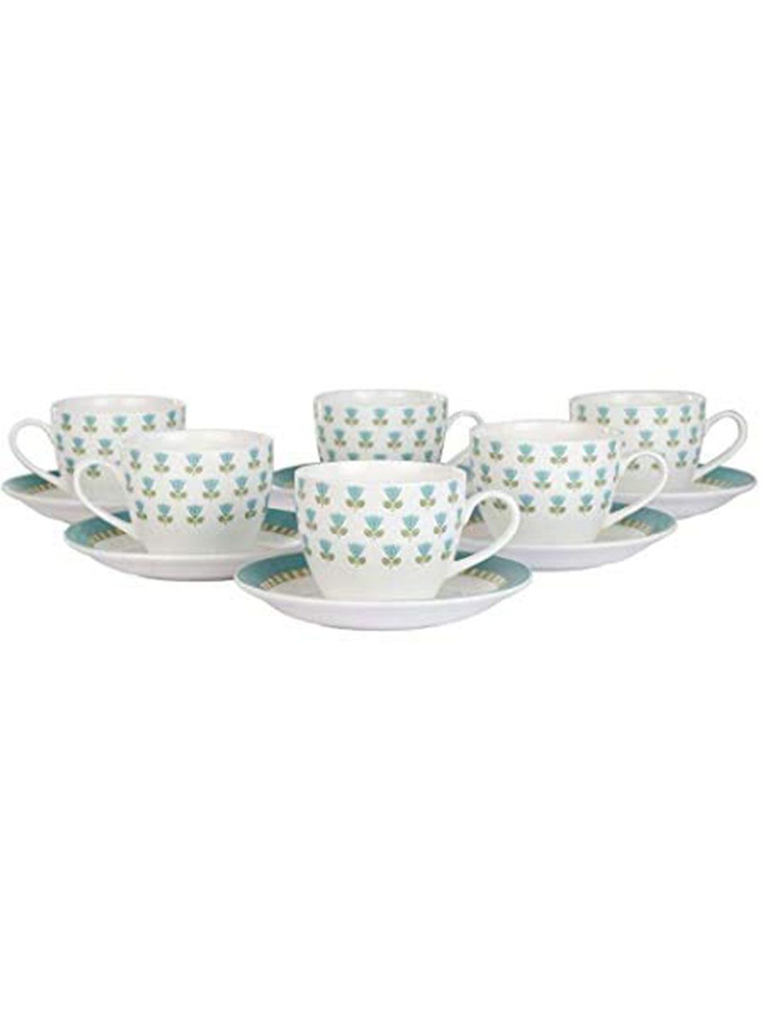 Femora 12 Pieces White & Teal Blue Printed Bone China Glossy Cups & Saucers Set Price in India