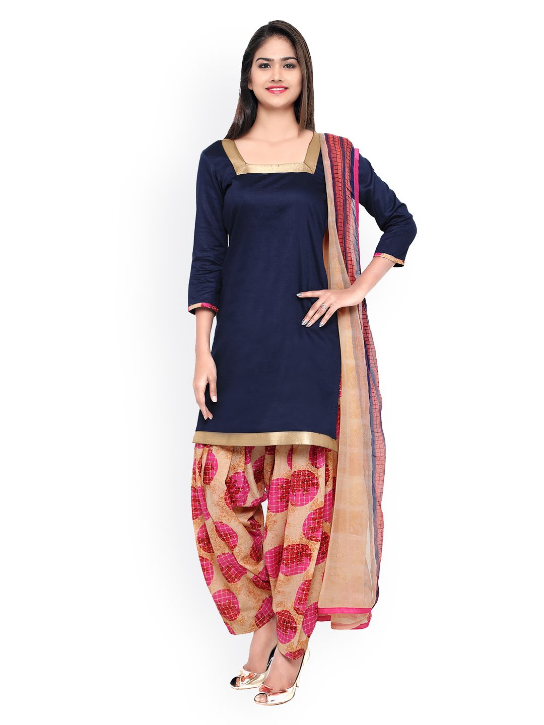 Saree mall Navy & Beige Cotton Satin Unstitched Dress Material Price in India