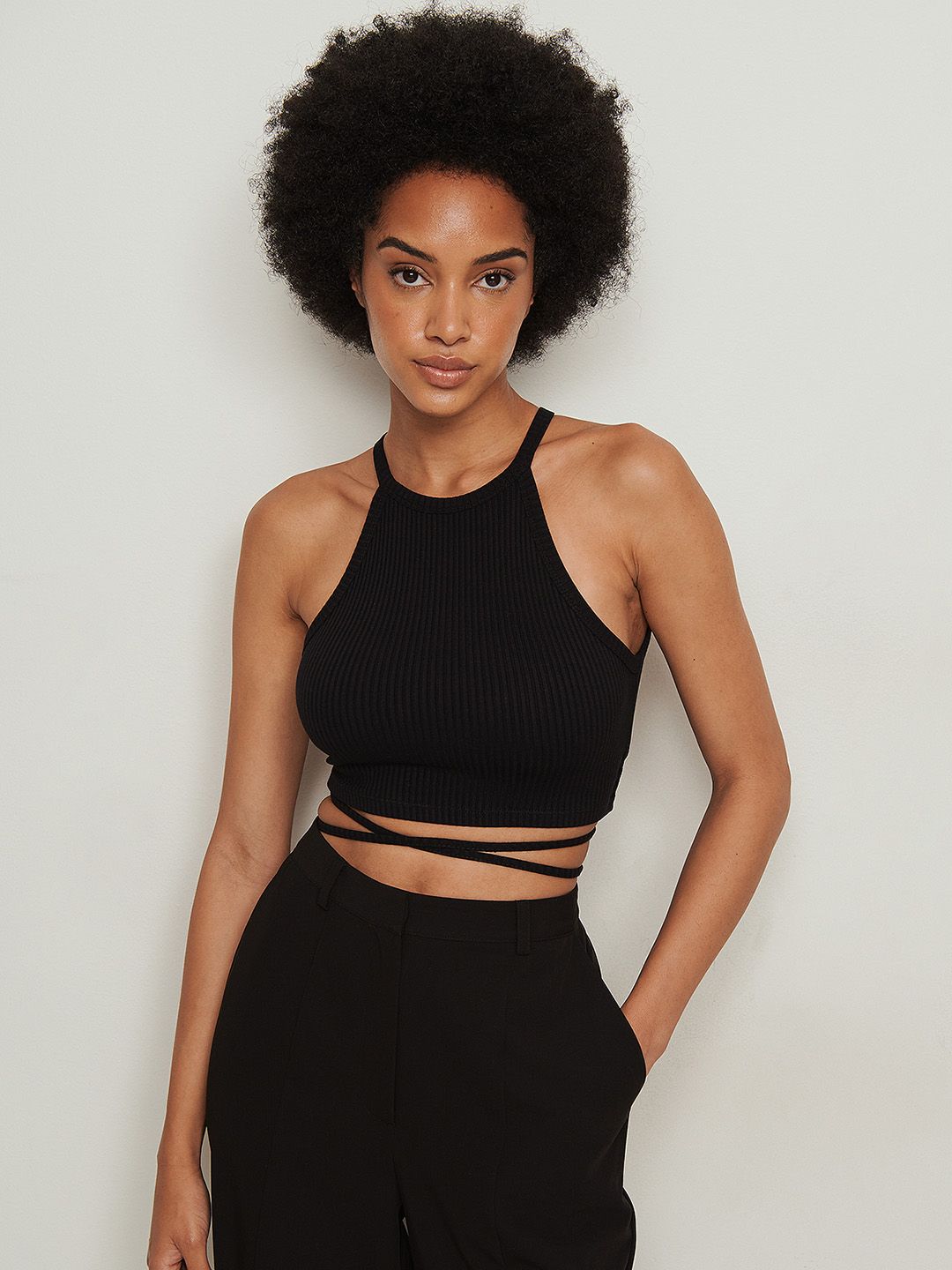 NA-KD Women Black Solid Ribbed Crop Top with Waist Tie-ups