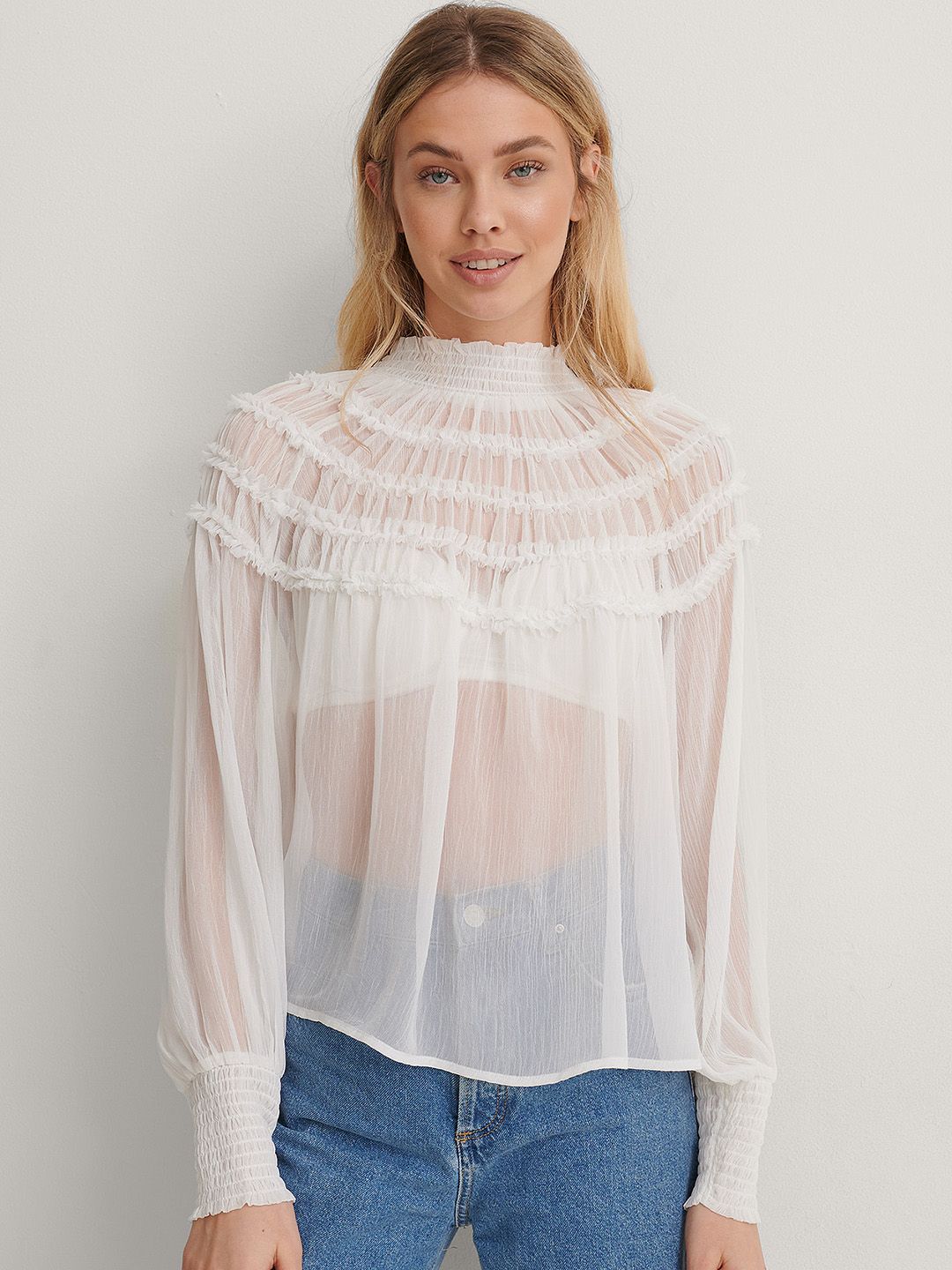 NA-KD White Solid Sheer Top
