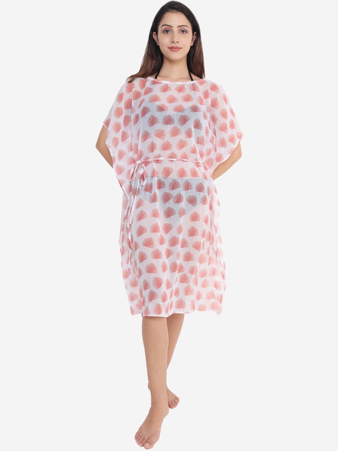 Beau Design Women Peach Printed Beach Cover-up Kaftan Dress Price in India