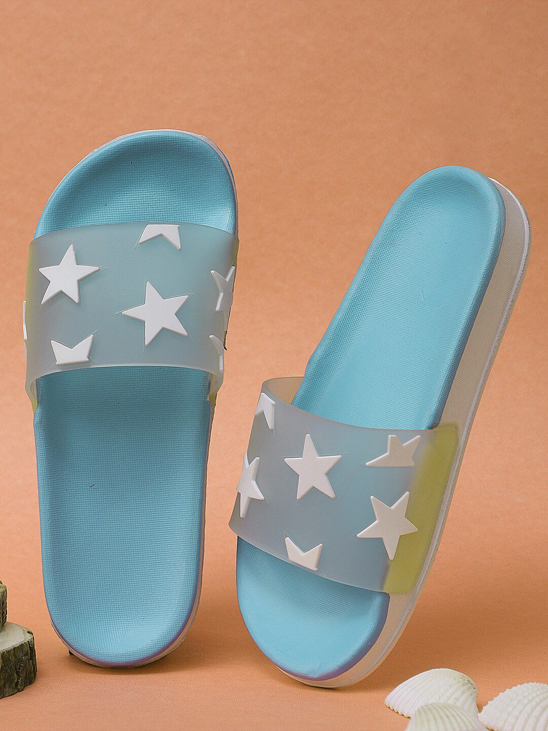 Pampy Angel Women Blue & White Printed Rubber Sliders Price in India