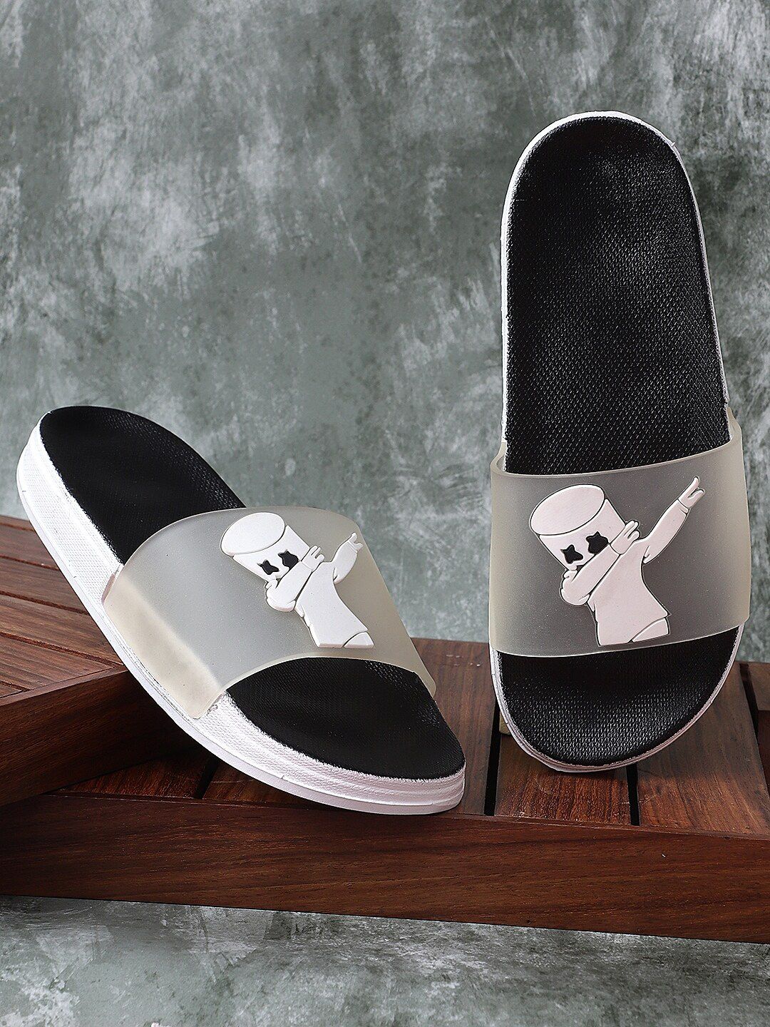 Pampy Angel Women Black & Grey Printed Rubber Sliders Price in India