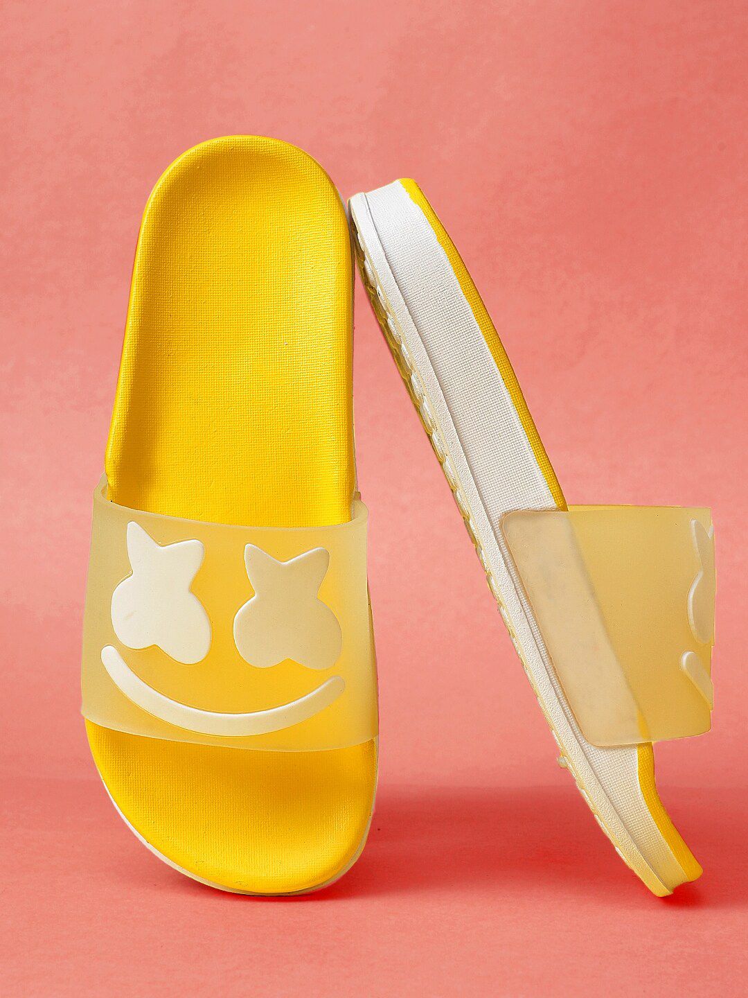 Pampy Angel Women Yellow & White Printed Rubber Sliders Price in India