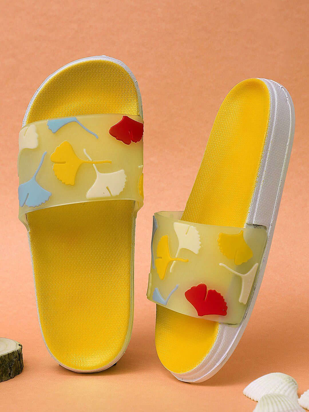 Pampy Angel Women Yellow & White Printed Rubber Sliders Price in India