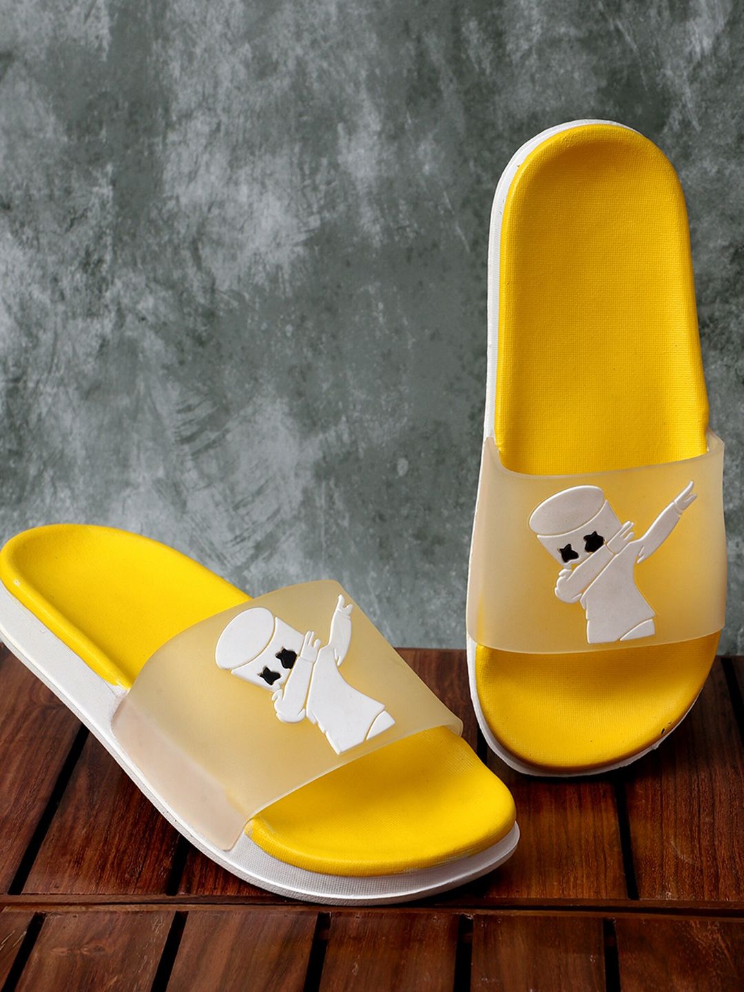 Pampy Angel Women Yellow & White Printed Rubber Sliders Price in India