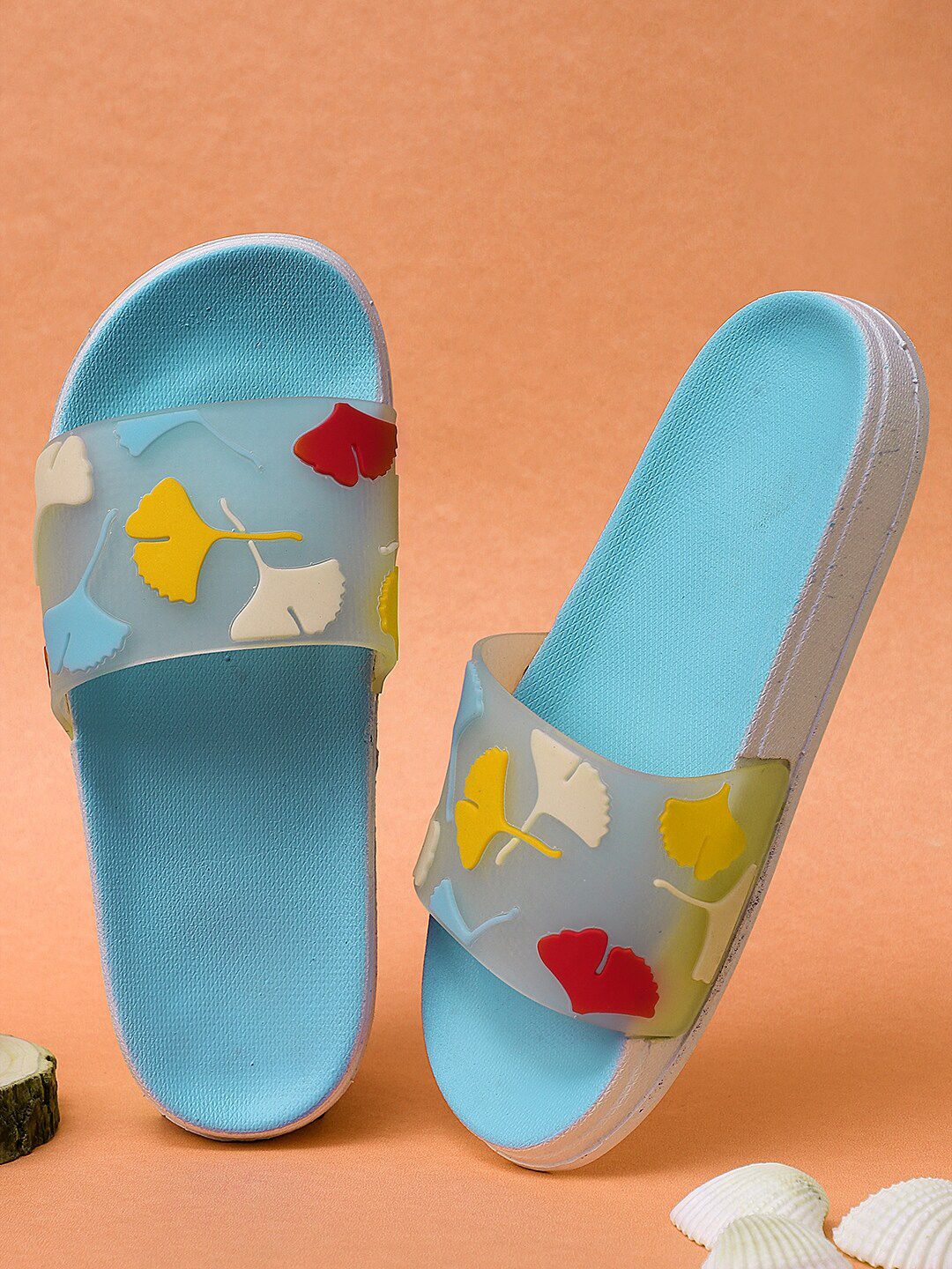 Pampy Angel Women Blue & Yellow Printed Rubber Sliders Price in India