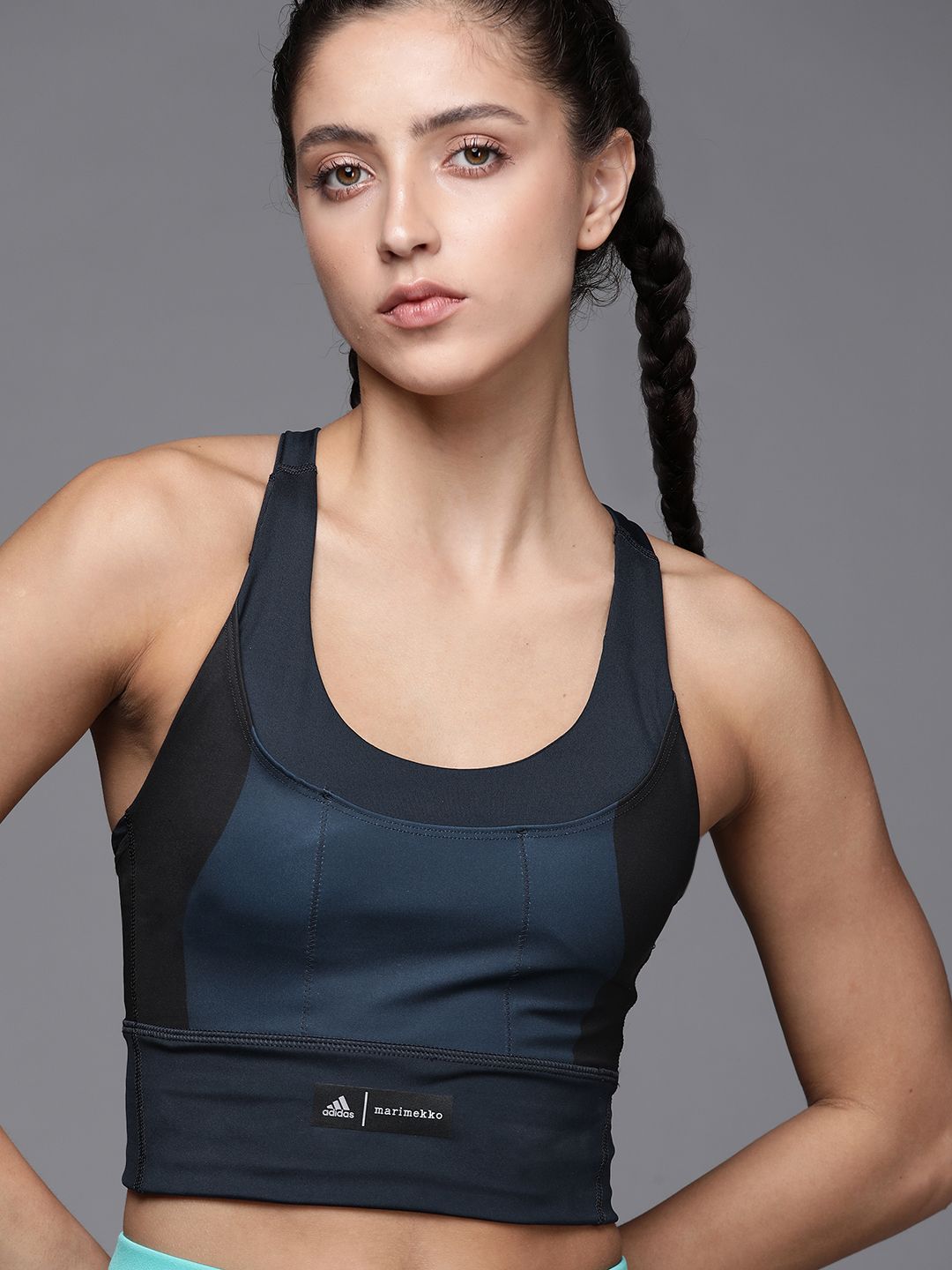 ADIDAS x MARIMEKKO Navy Blue & Black Colourblocked Lightly Padded Running Bra Price in India