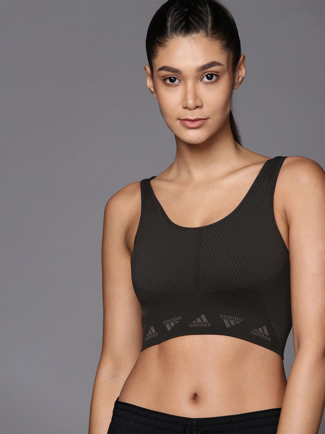 ADIDAS Black Solid Aeroknit Light-Support Training Sports Bra Price in India