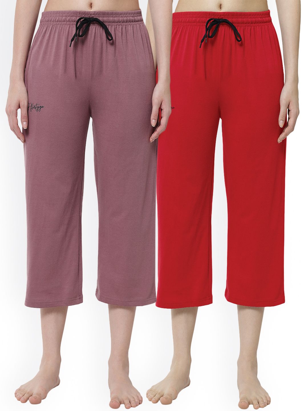 FFLIRTYGO Women Pack of 2 Mauve and Red Solid Cotton Lounge Capris Price in India