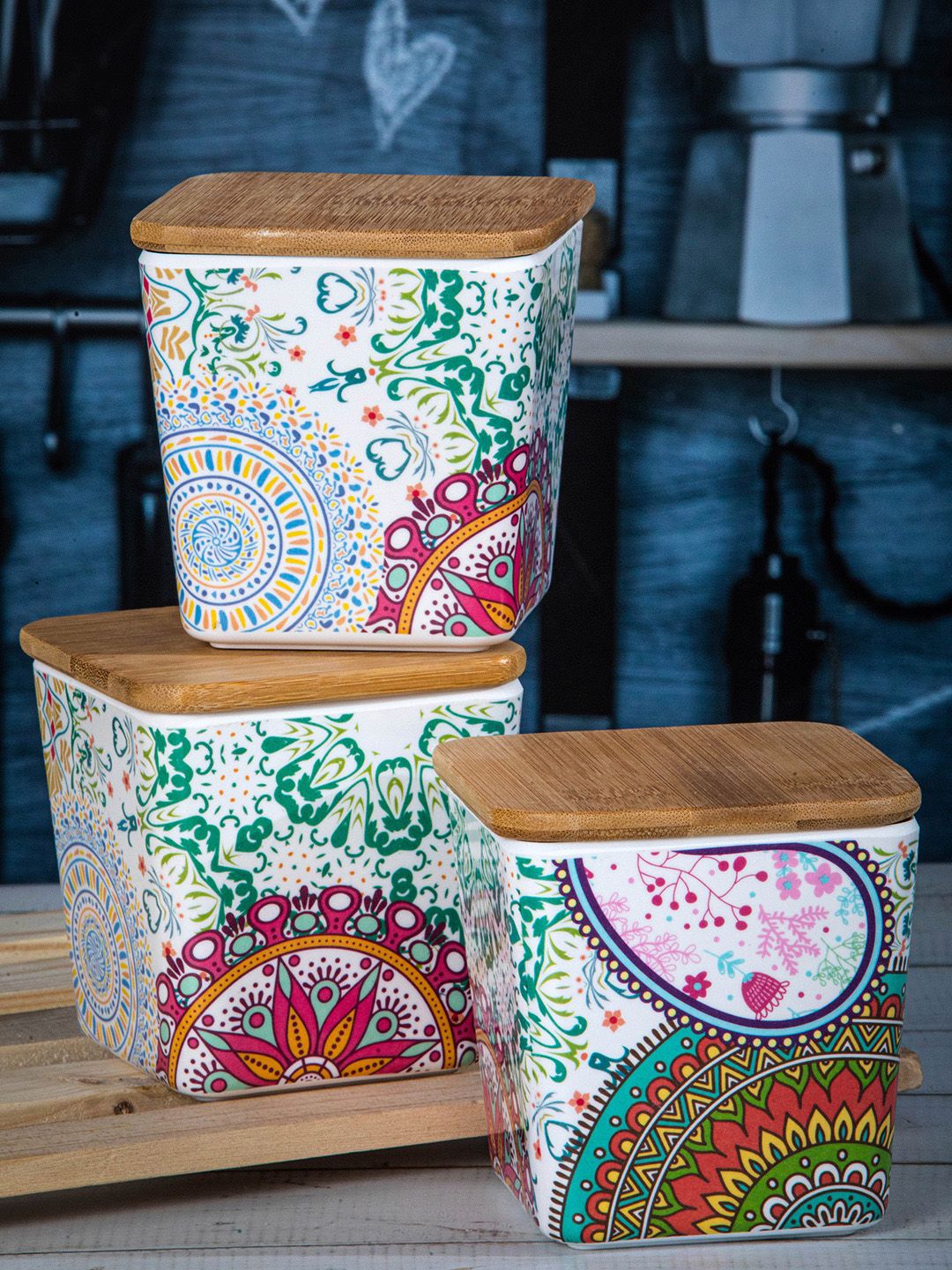 Stehlen Set Of 3 Printed Storage Canister With Airtight Wooden Lid Price in India