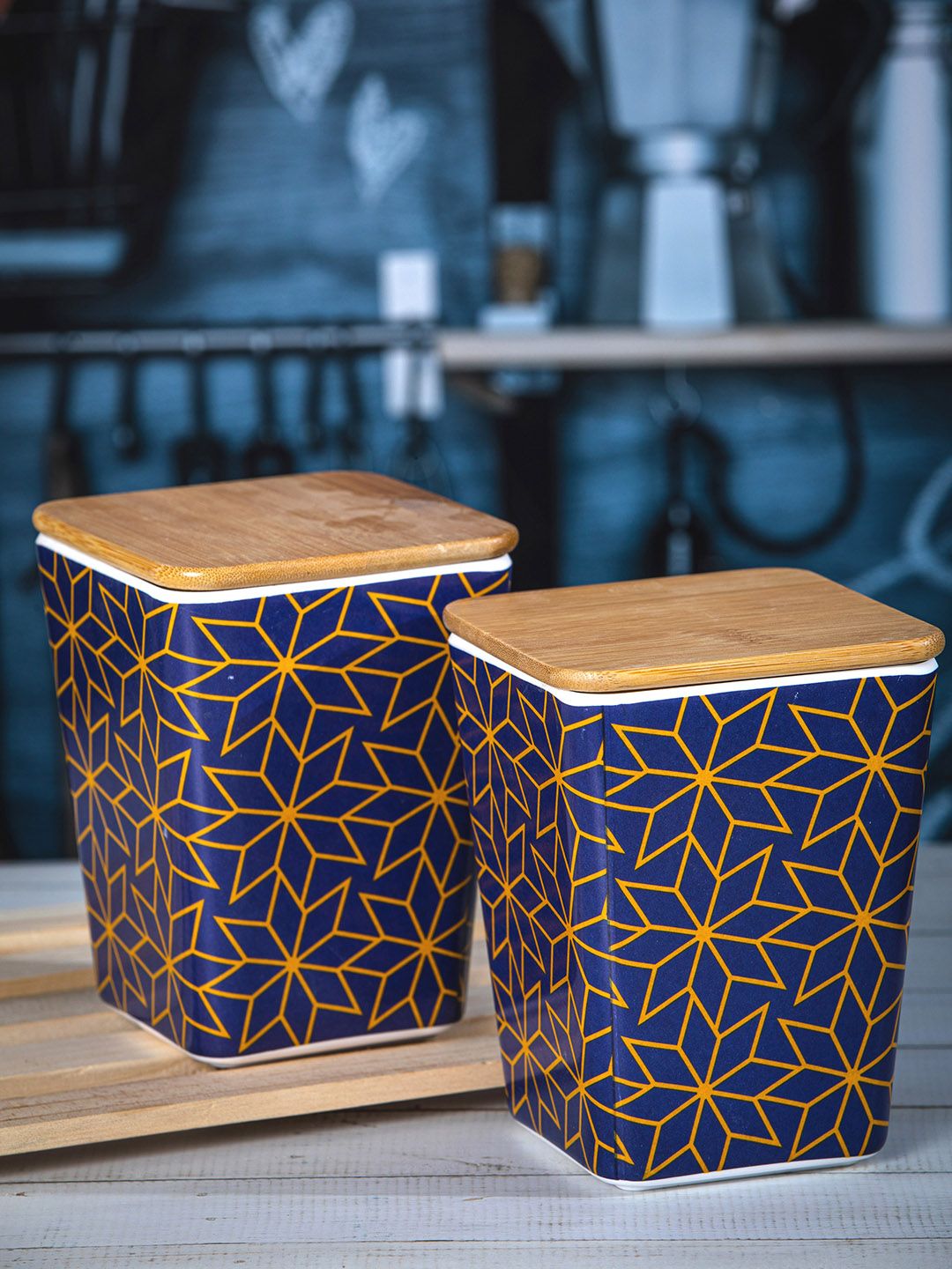 Stehlen Set Of 2 Multicoloured Kitchen Storage Canister With Airtight Wooden Lid Price in India