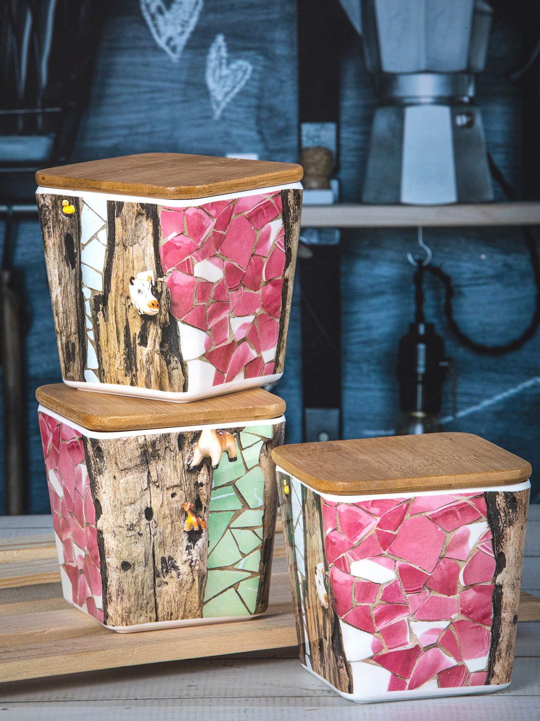 Stehlen Set Of 3 Multi-Coloured Printed Canisters With Wooden Lid Price in India