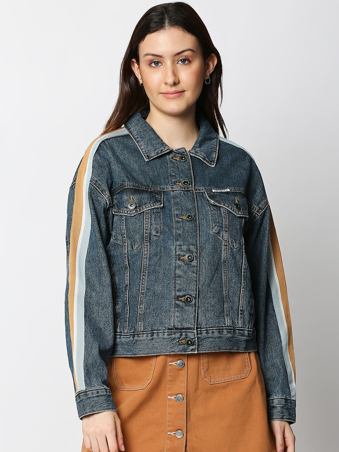 LOVEGEN Women Blue Longline Denim Jacket with Embroidered Price in India