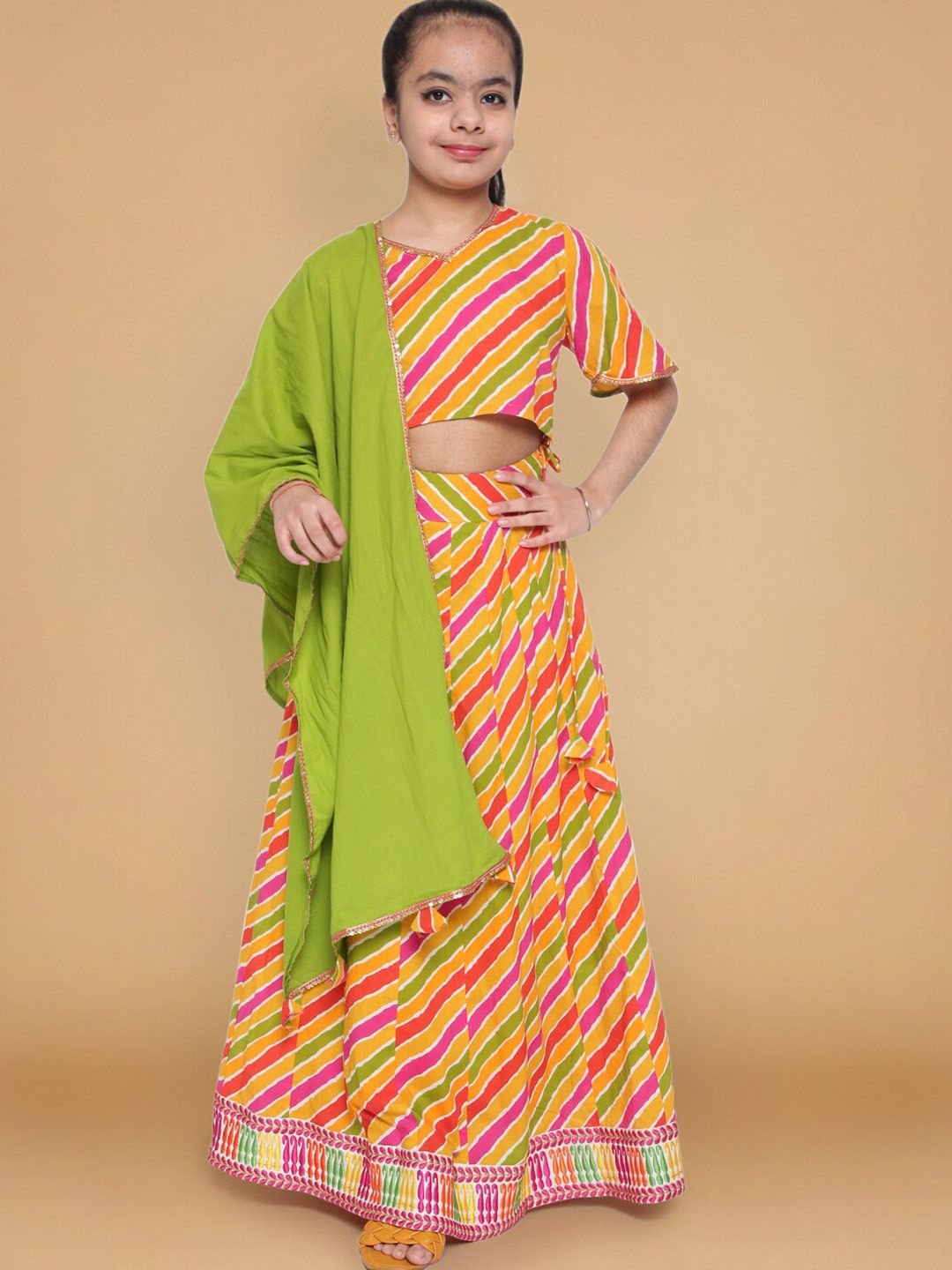 titliyan Girls Yellow & Green Printed Ready to Wear Lehenga & Blouse With Dupatta