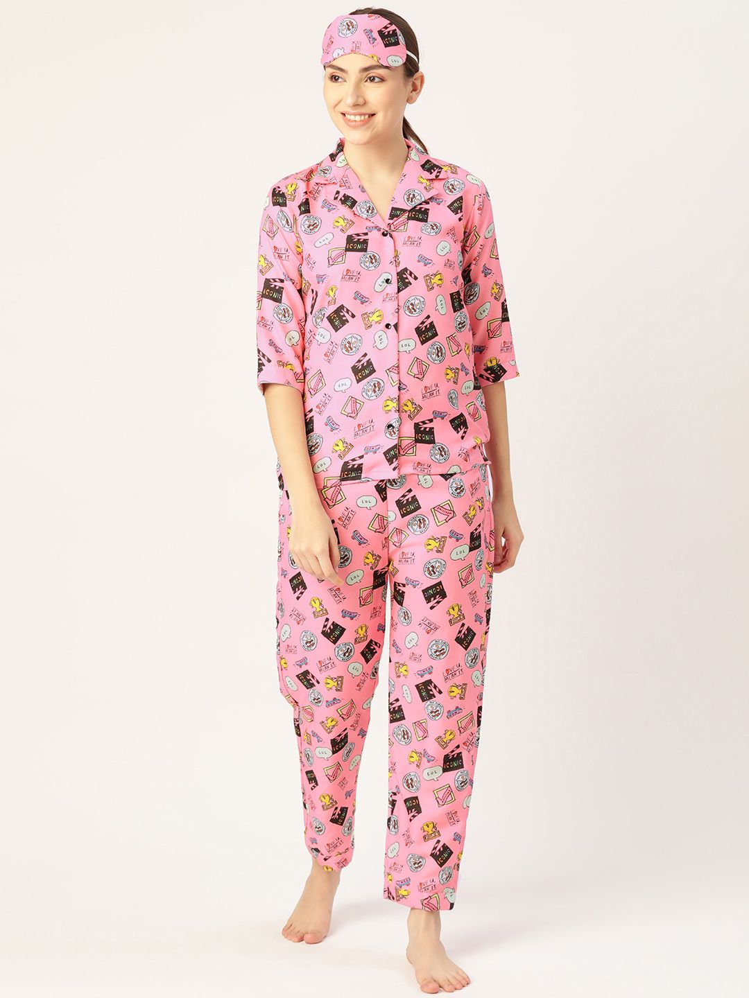 bedgasm Women Peach-Coloured & Blue Printed Night suit with Eye Mask Price in India