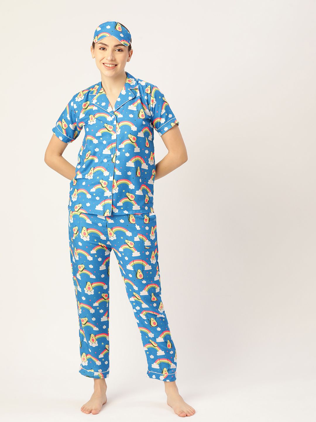 bedgasm Women Blue Printed Night suit with Eye Mask Price in India