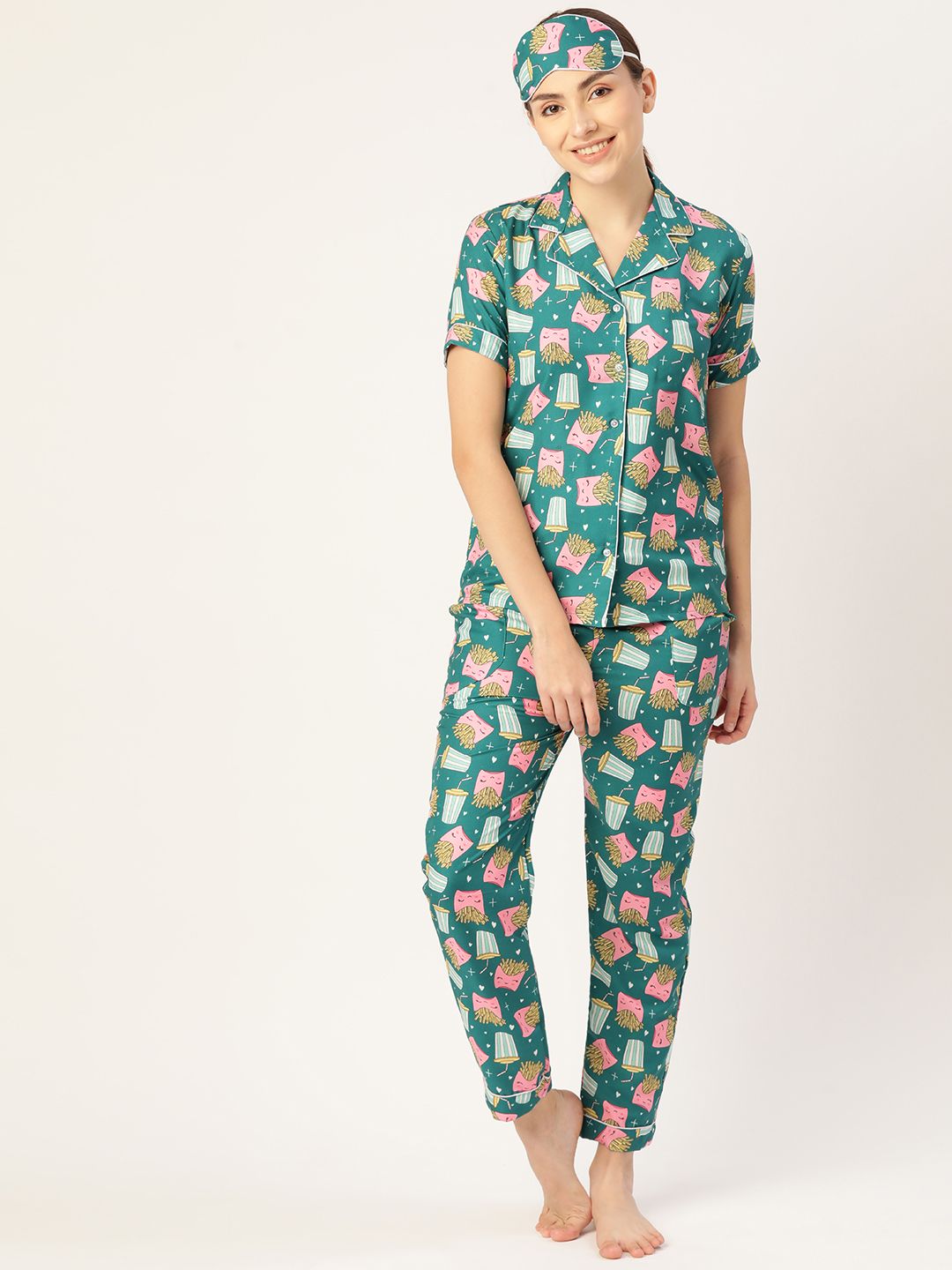 bedgasm Women Green & Pink Printed Night suit Comes With Eye Mask Price in India