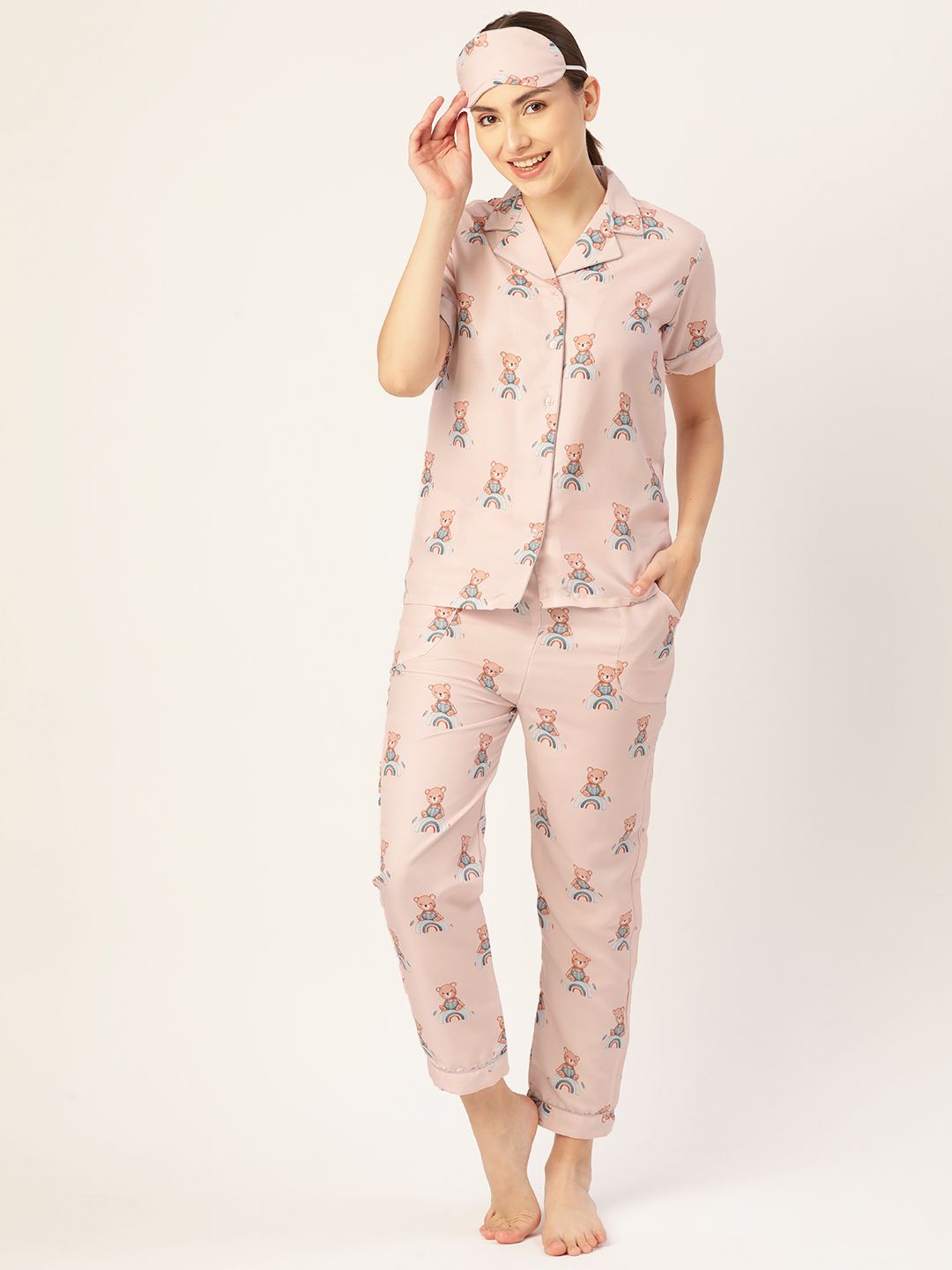 bedgasm Women Peach-Coloured & Blue Printed Night suit with Eye Mask Price in India