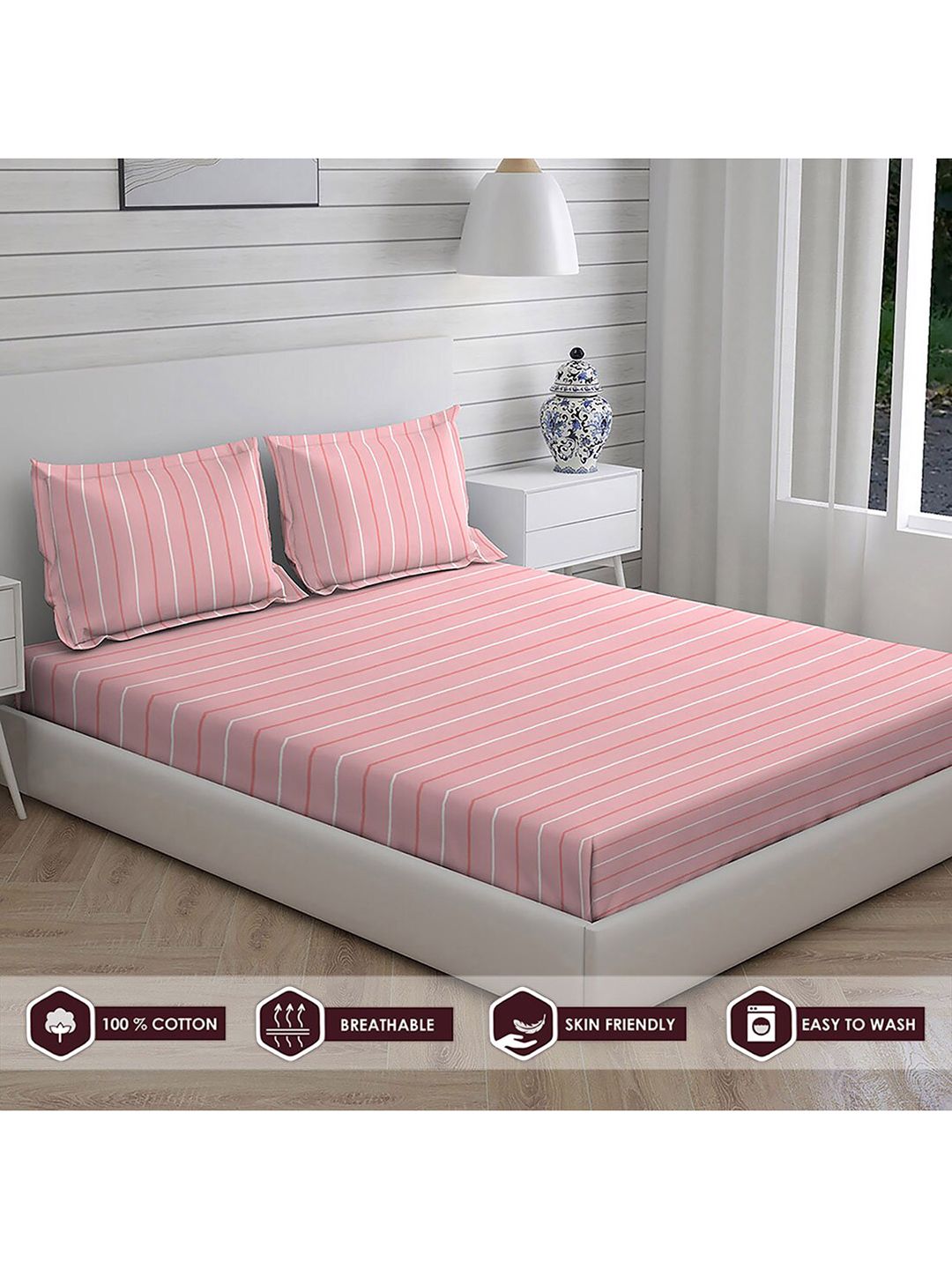 Layers Pink Striped 104 GSM Pure Cotton Double King Bedsheet with 2 Pillow Covers Price in India