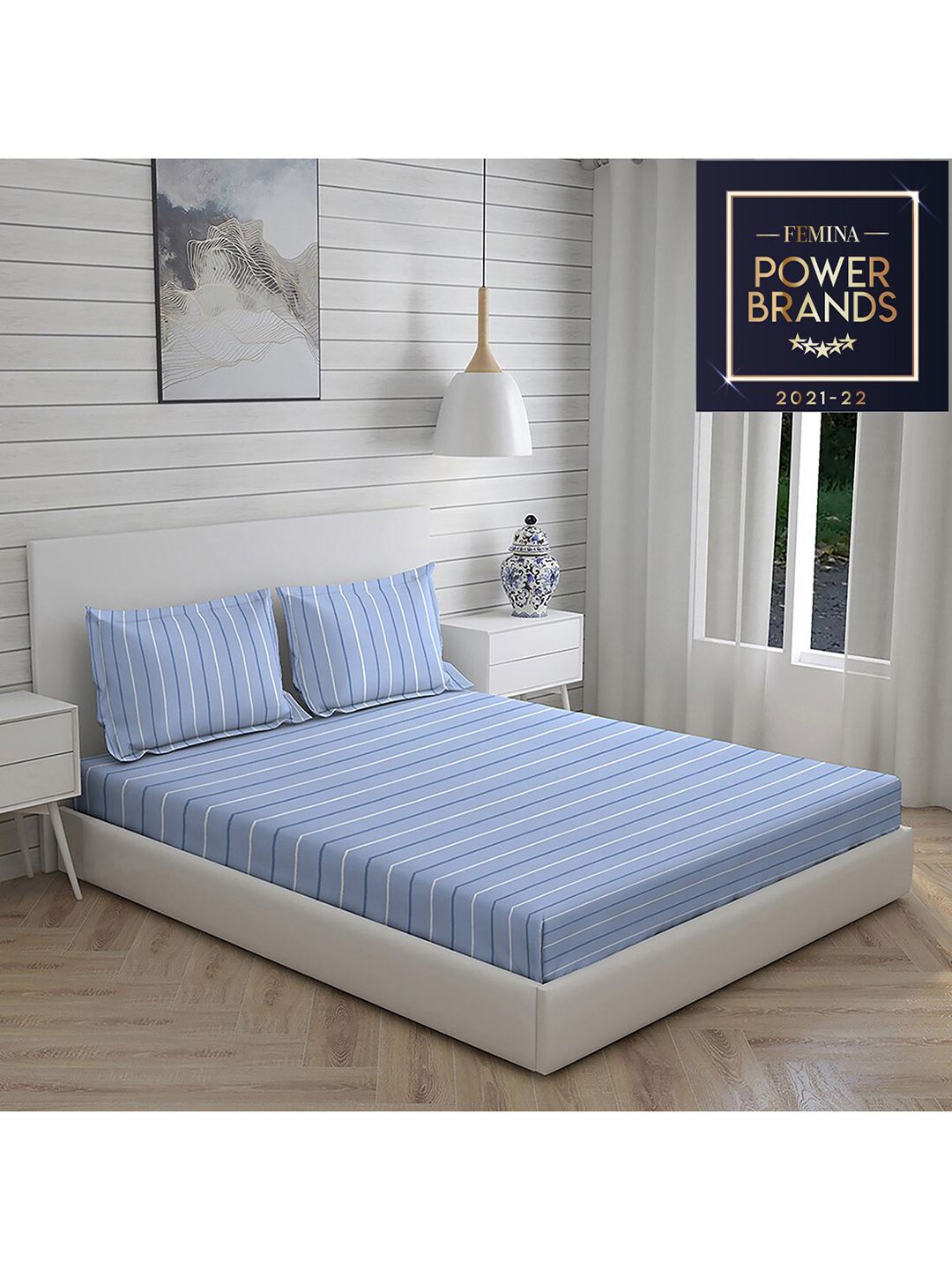Layers Blue & White Striped 104 GSM Pure Cotton Double King Bedsheet with 2 Pillow Covers Price in India