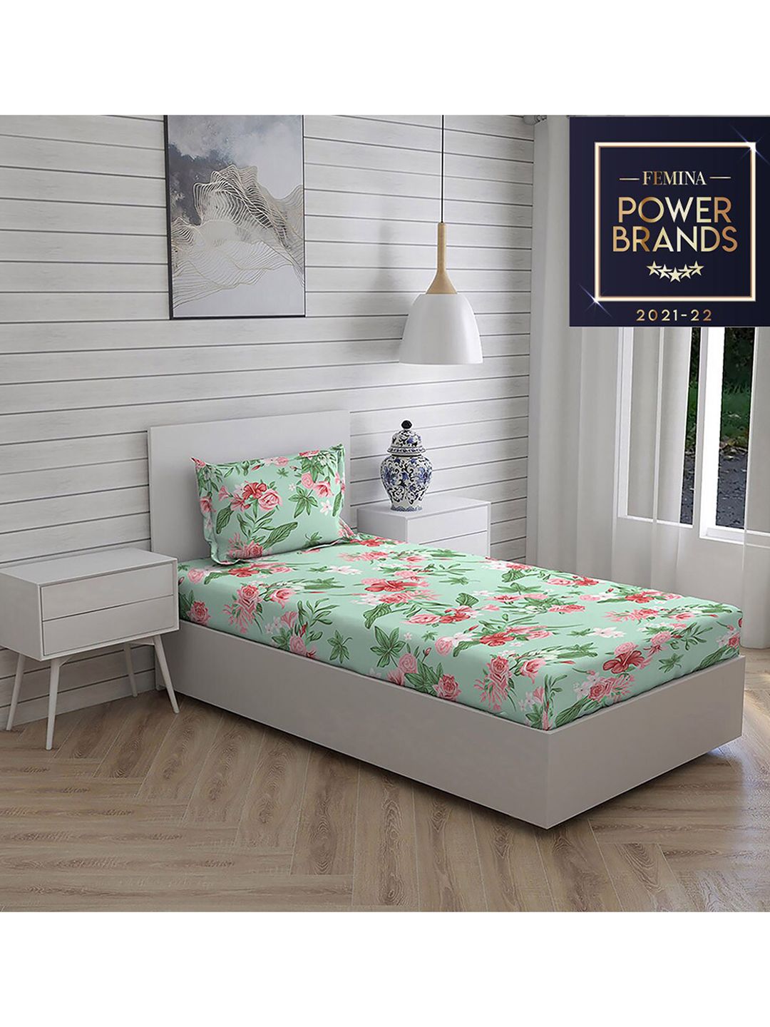 Layers Green & Pink Printed 104 GSM Pure Cotton Single  Bedding Set Price in India
