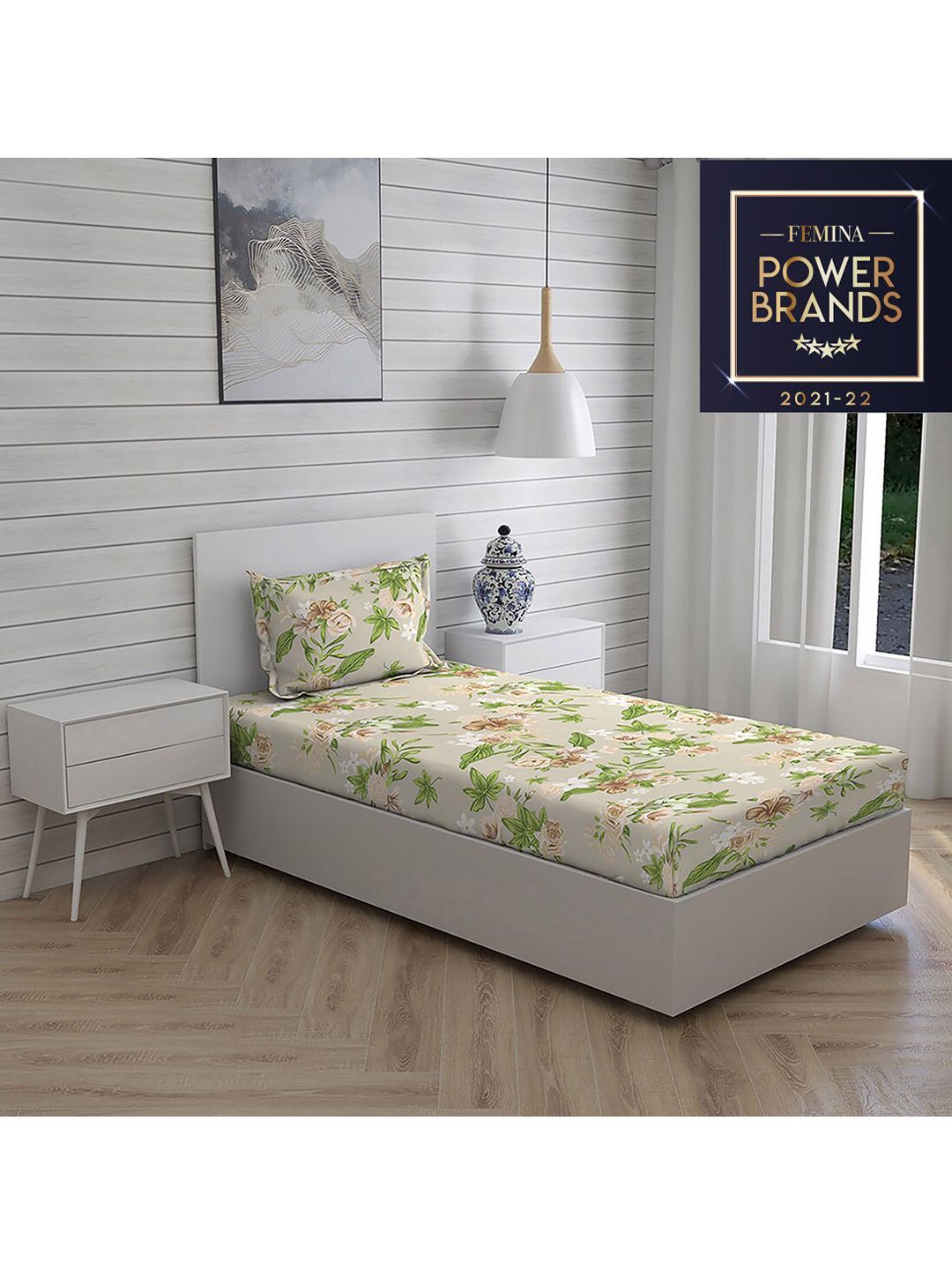 Layers Beige & Green Printed Pure Cotton 104 GSM Single Bedding Set Price in India