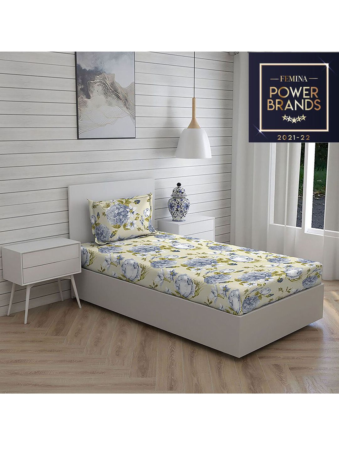 Layers Blue & Beige Floral Printed 104 GSM Single Bedsheet with 1 Pillow COver Price in India