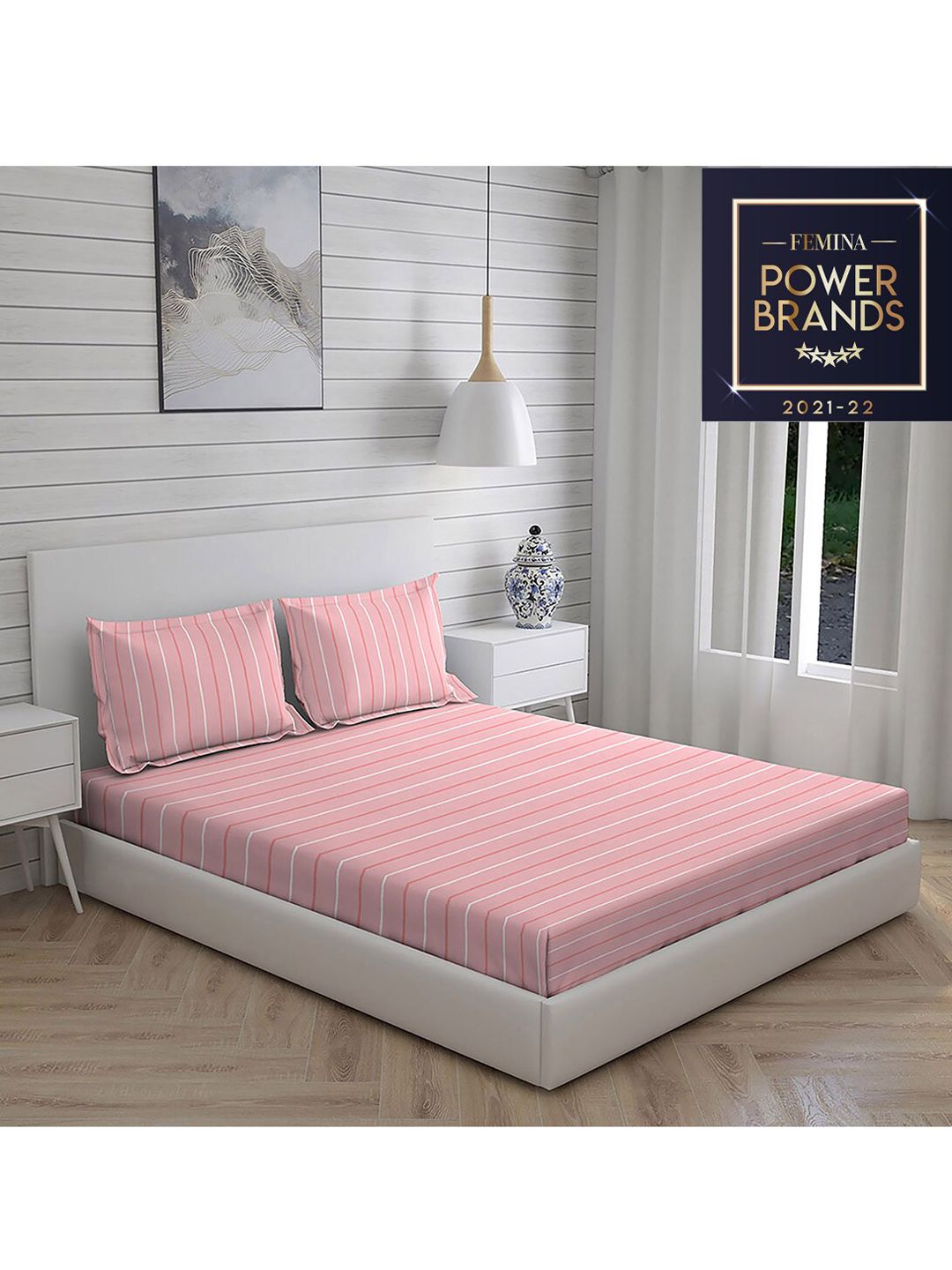 Layers Pink Striped Pure Cotton 104 GSM Double Queen Bedding Set Price in India
