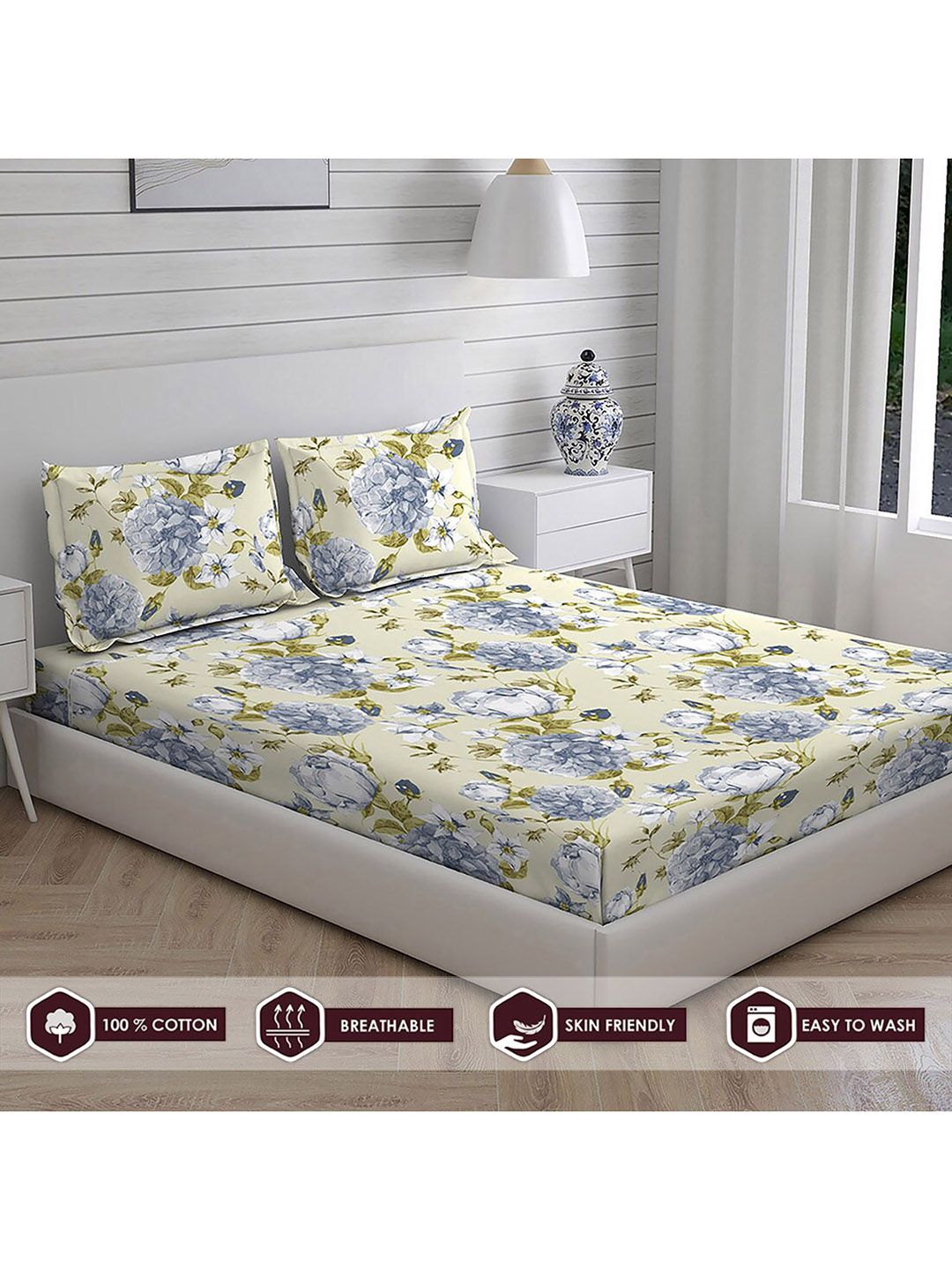 Layers Blue & Yellow Printed 104 GSM Pure Cotton Double Queen Bedding Set Price in India