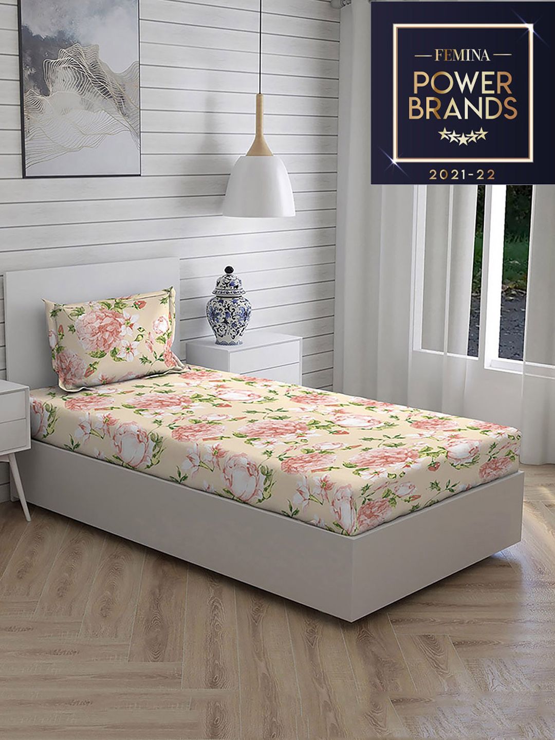 Layers Pink & Beige Printed 104 GSM Cotton Single Bedsheet Set Price in India