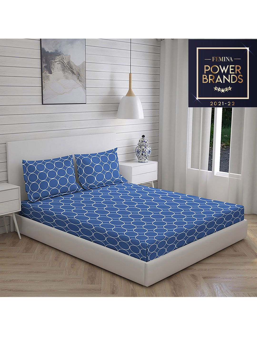 Layers Blue & White Printed 104 GSM Double King Cotton Bedding Set Price in India