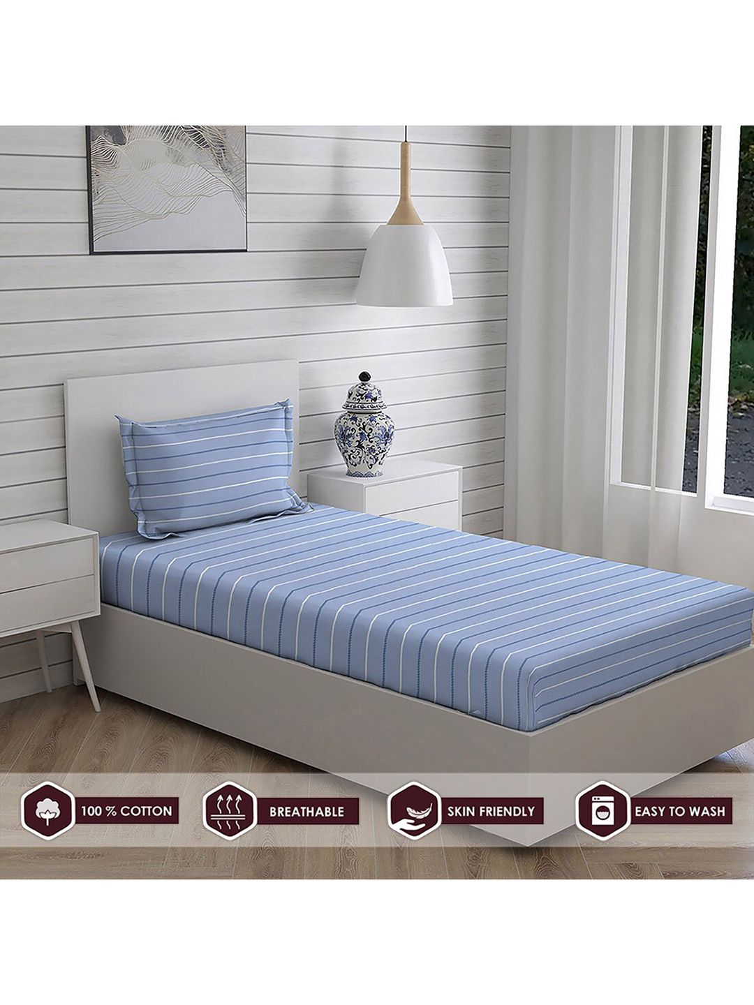 Layers Blue Stripped Pure Cotton 104 GSM Bedding Set Price in India