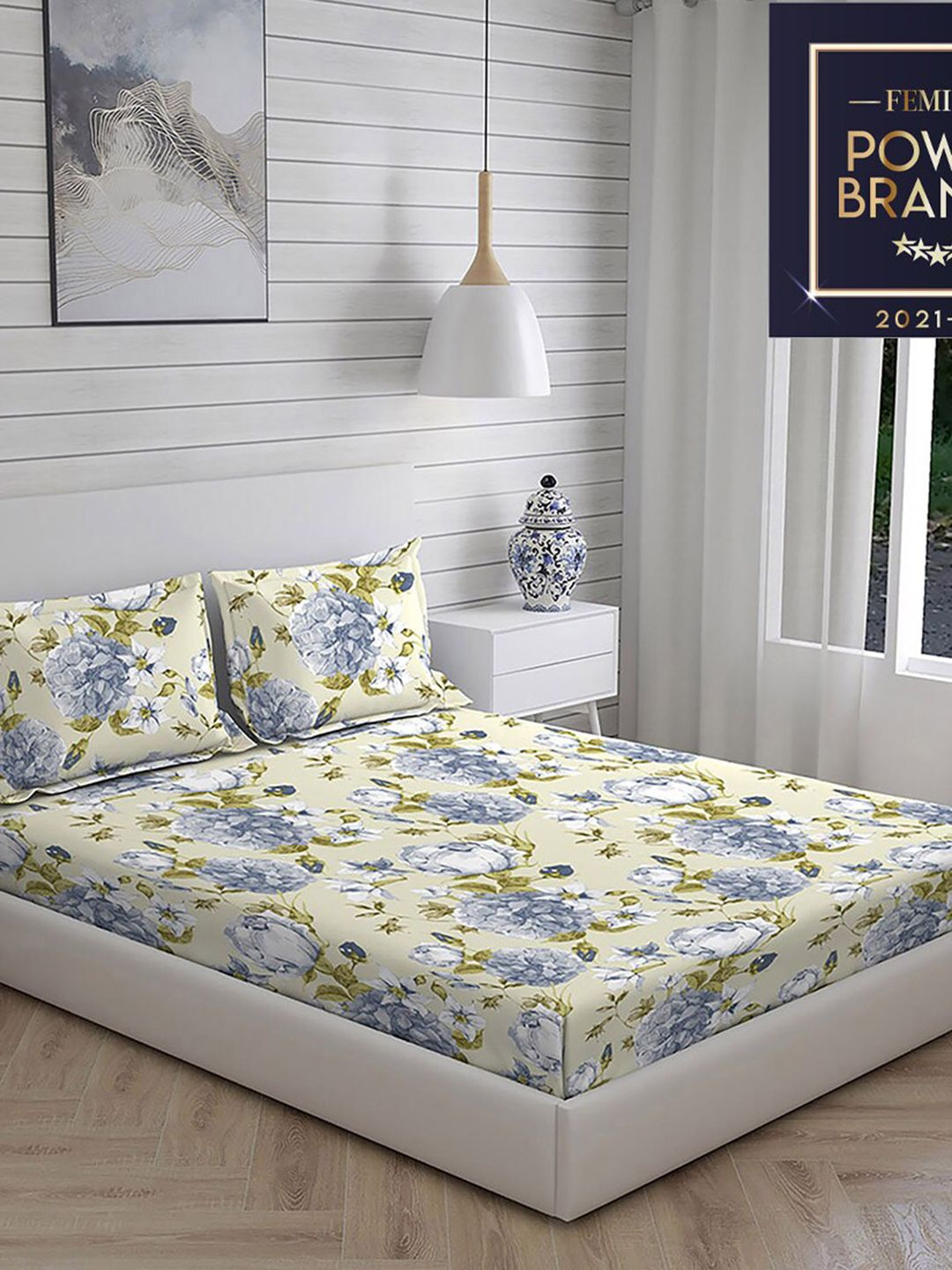 Layers Blue & Yellow Floral Printed 104 GSM  King Double Bedsheet Cotton Bedding Set Price in India