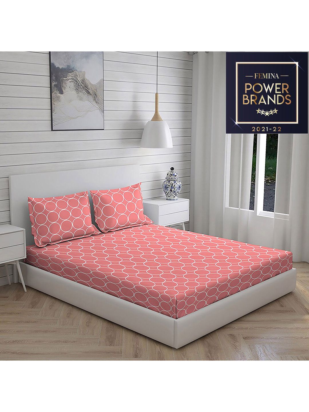 Layers  Pink & White Printed 104 GSM Pure Cotton Double Queen Bedding Set Price in India