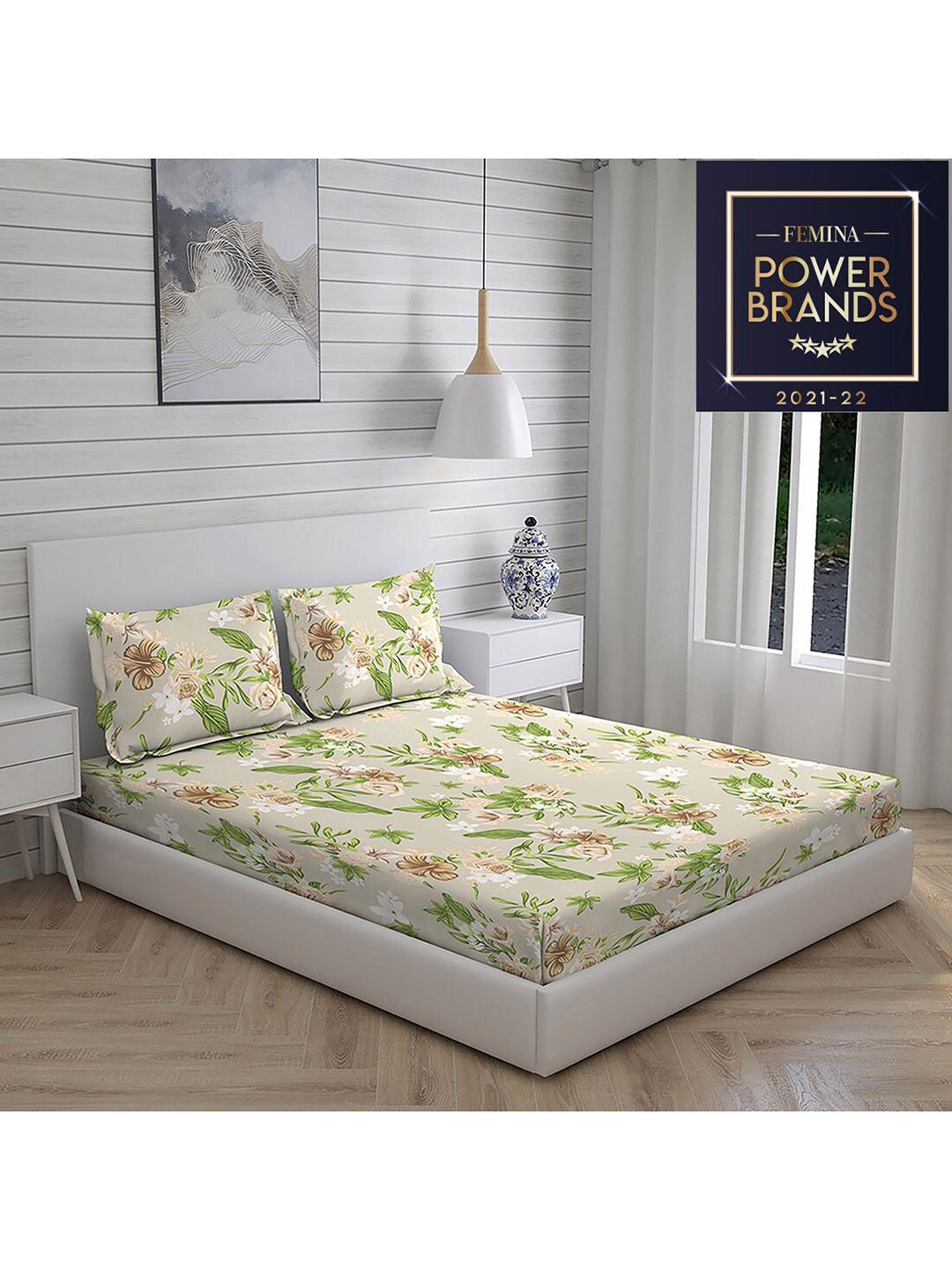 Layers Beige & Green Floral Printed 104 GSM Pure Cotton Double Queen Bedding Set Price in India