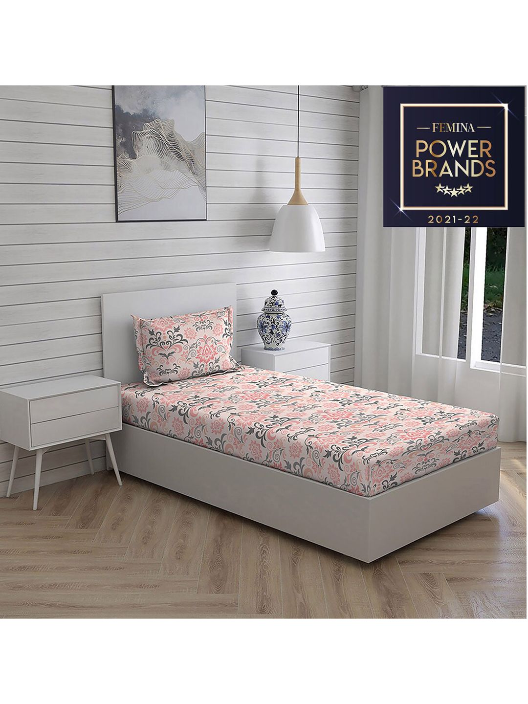 Layers Pink & Grey Printed Pure Cotton 104 GSM Single Bedding Set Price in India