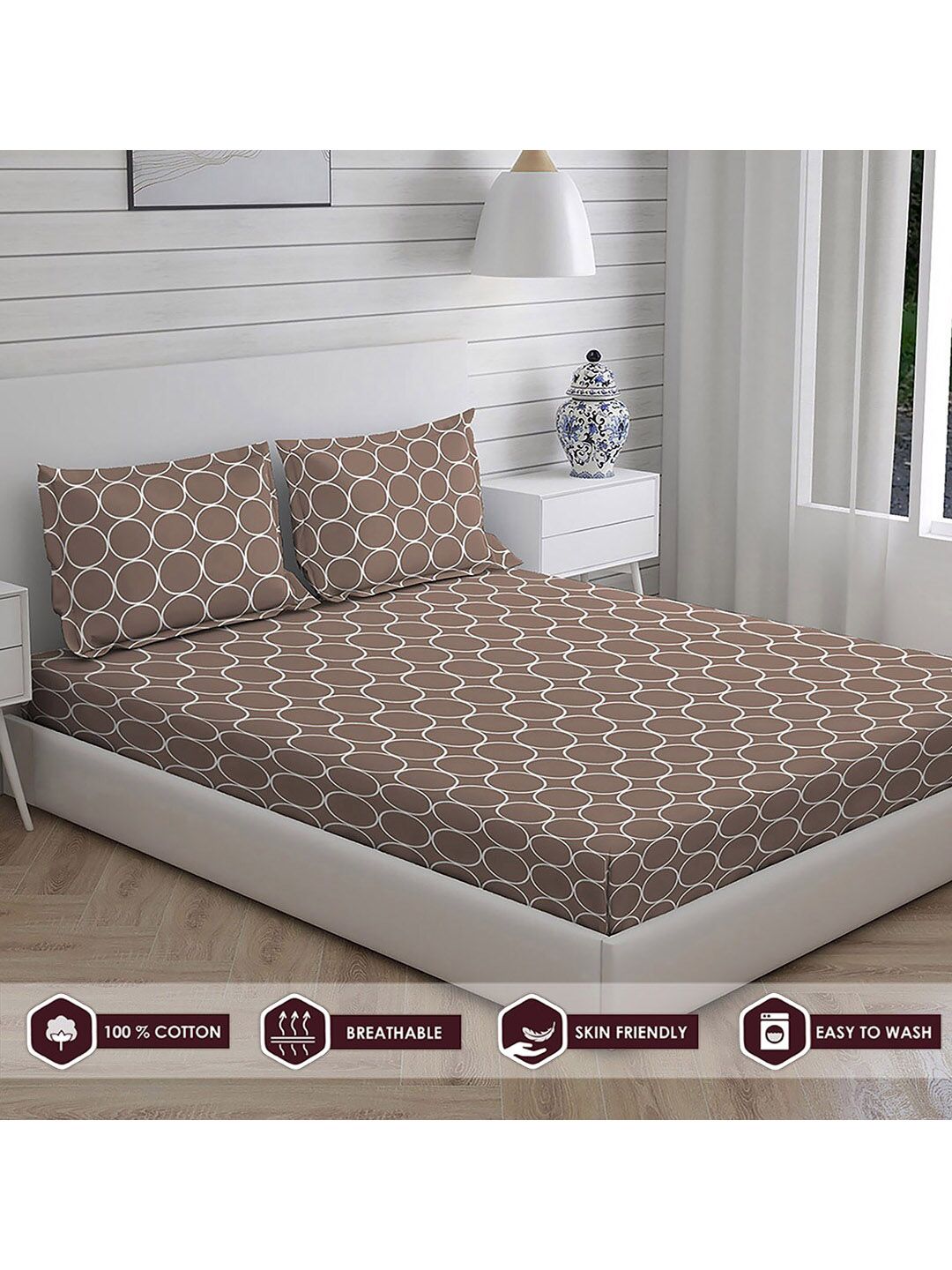 Layers Brown Printed 104 GSM Double Queen Pure Cotton Bedding Set Price in India
